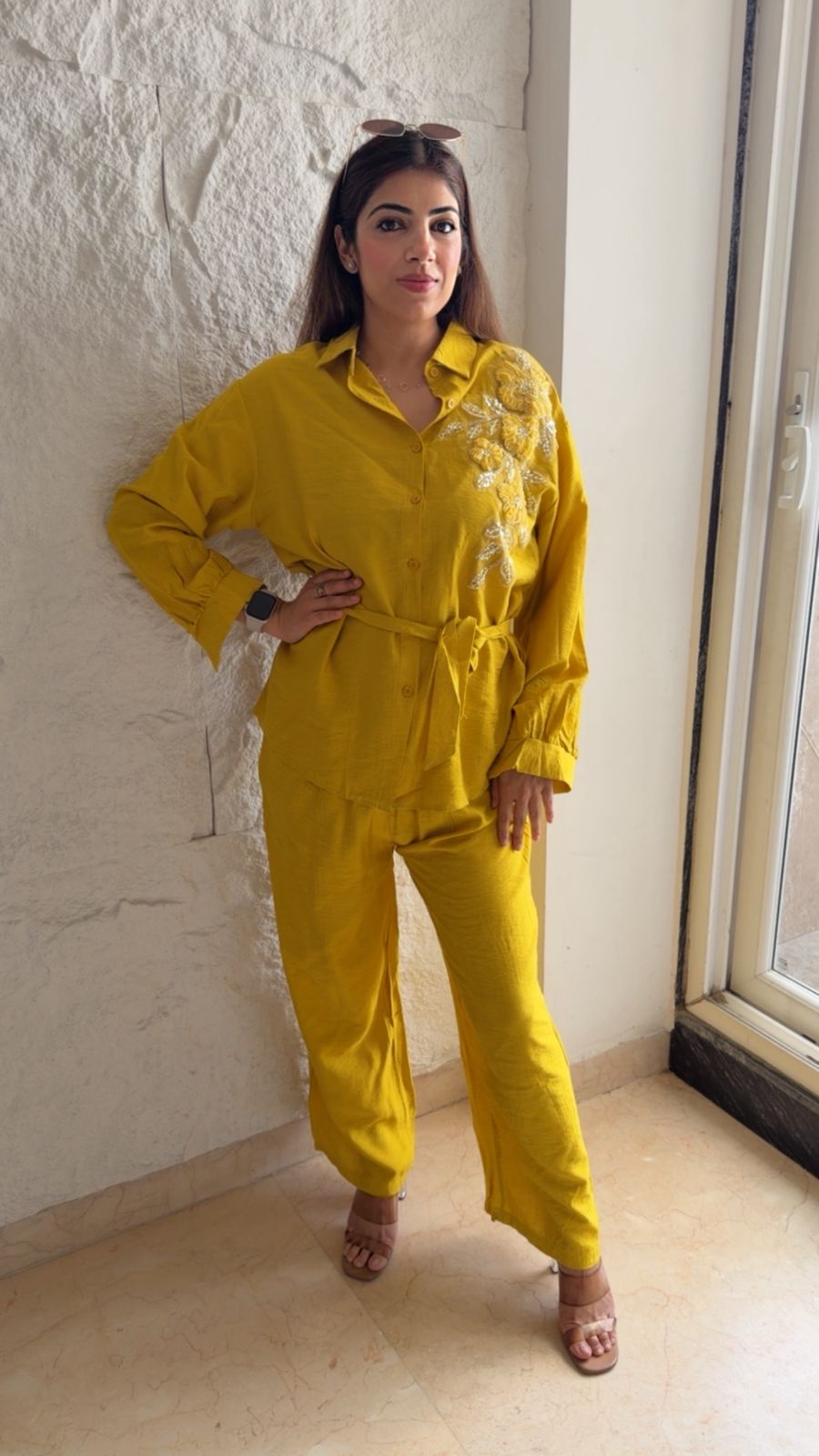 Linen cotton 2 pc embroidered co-ord set with belt (can fit upto xxl)