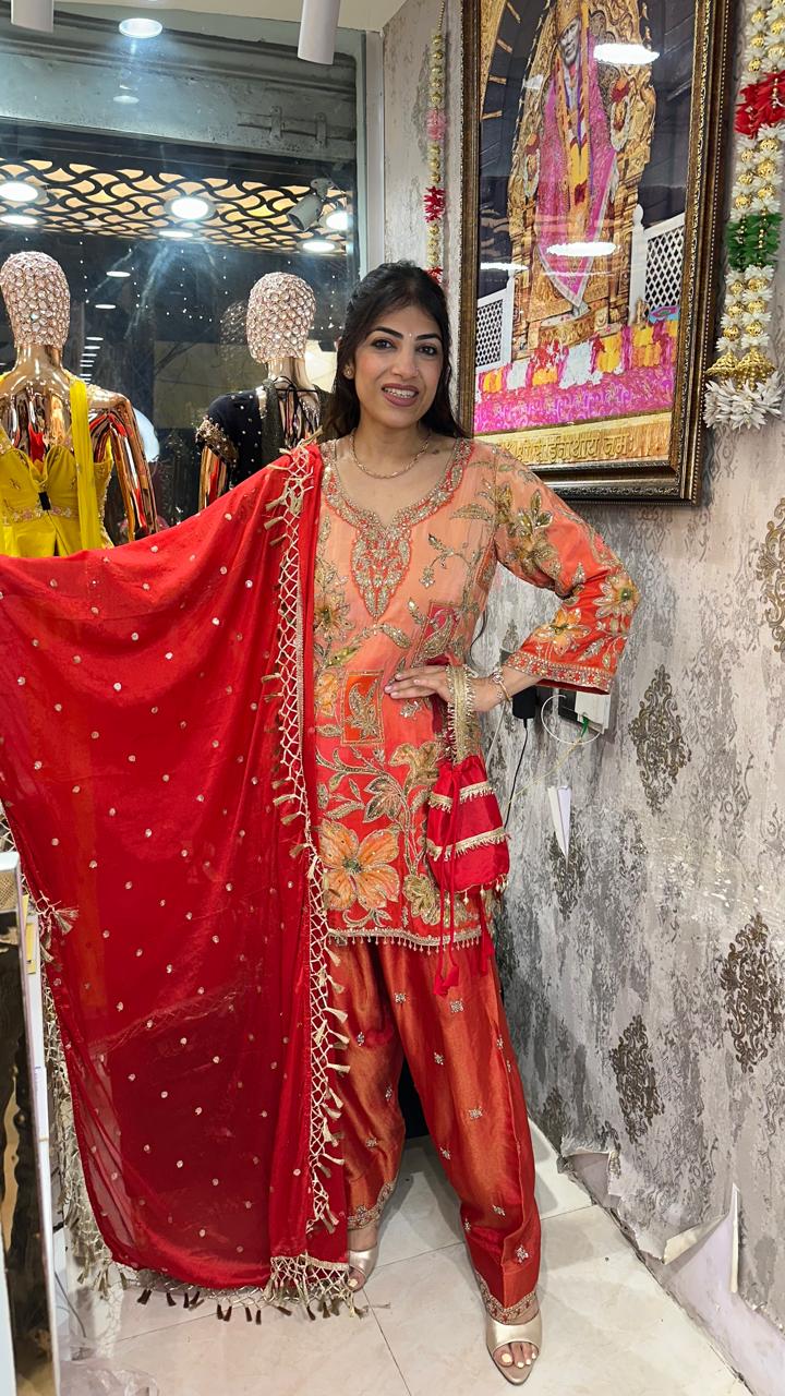 Pure Cosmo embroidery 3 pc ,suit with potli bag