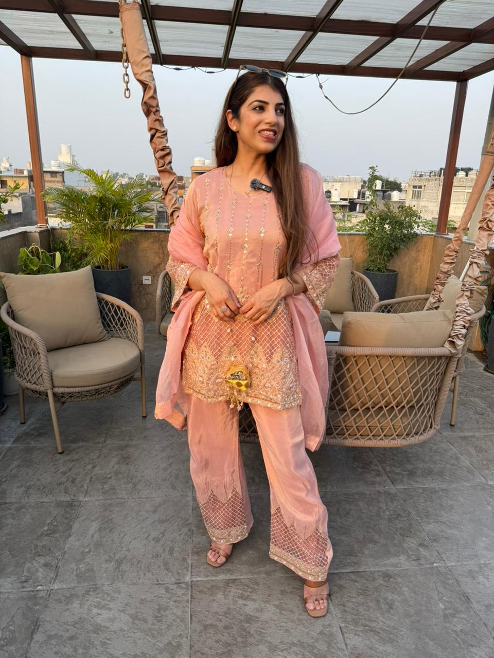 Shimmer tissue partywear 3 pc suit with cutwork and embroidery