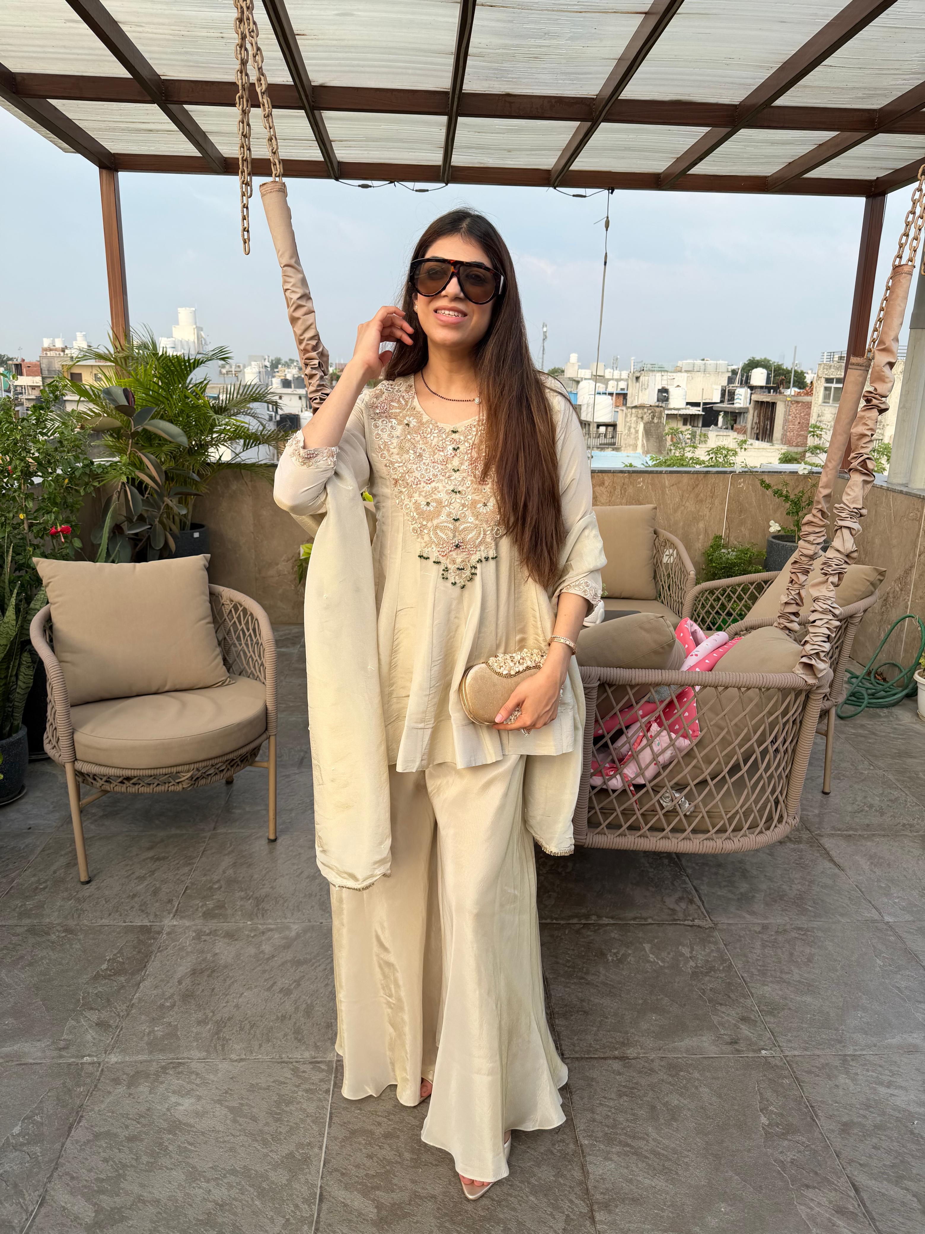 Pure shimmer tissue,peplum kurta plazo 3,peice set with all Zardozi work