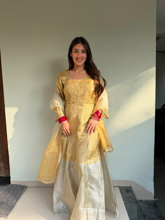 Pure chanderi silk long dress with organza duppata