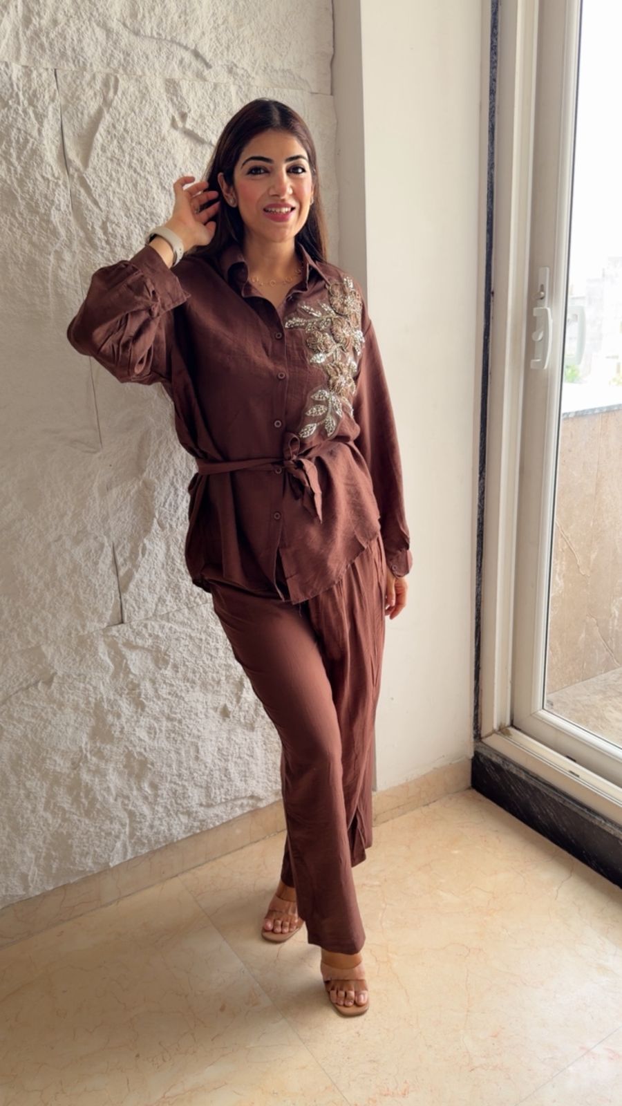 Linen cotton 2 pc embroidered co-ord set with belt (can fit upto xxl)