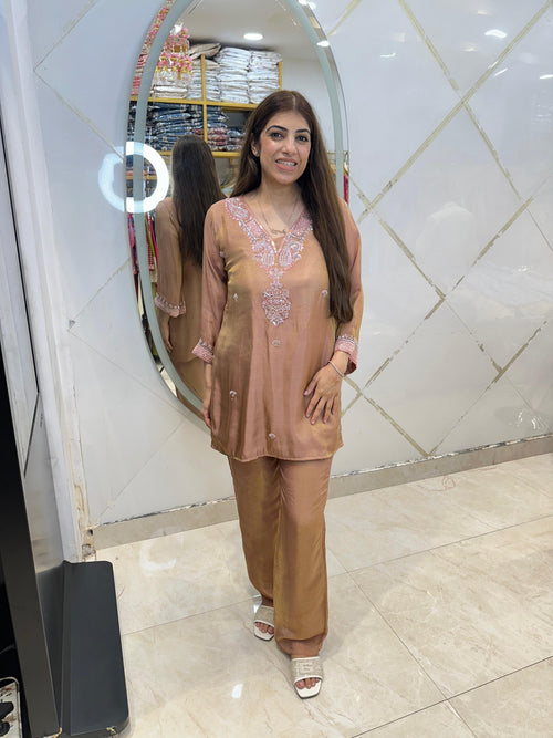 Pure shimmer tissue 2 pc, co-ord set in neck handwork with bell bottom