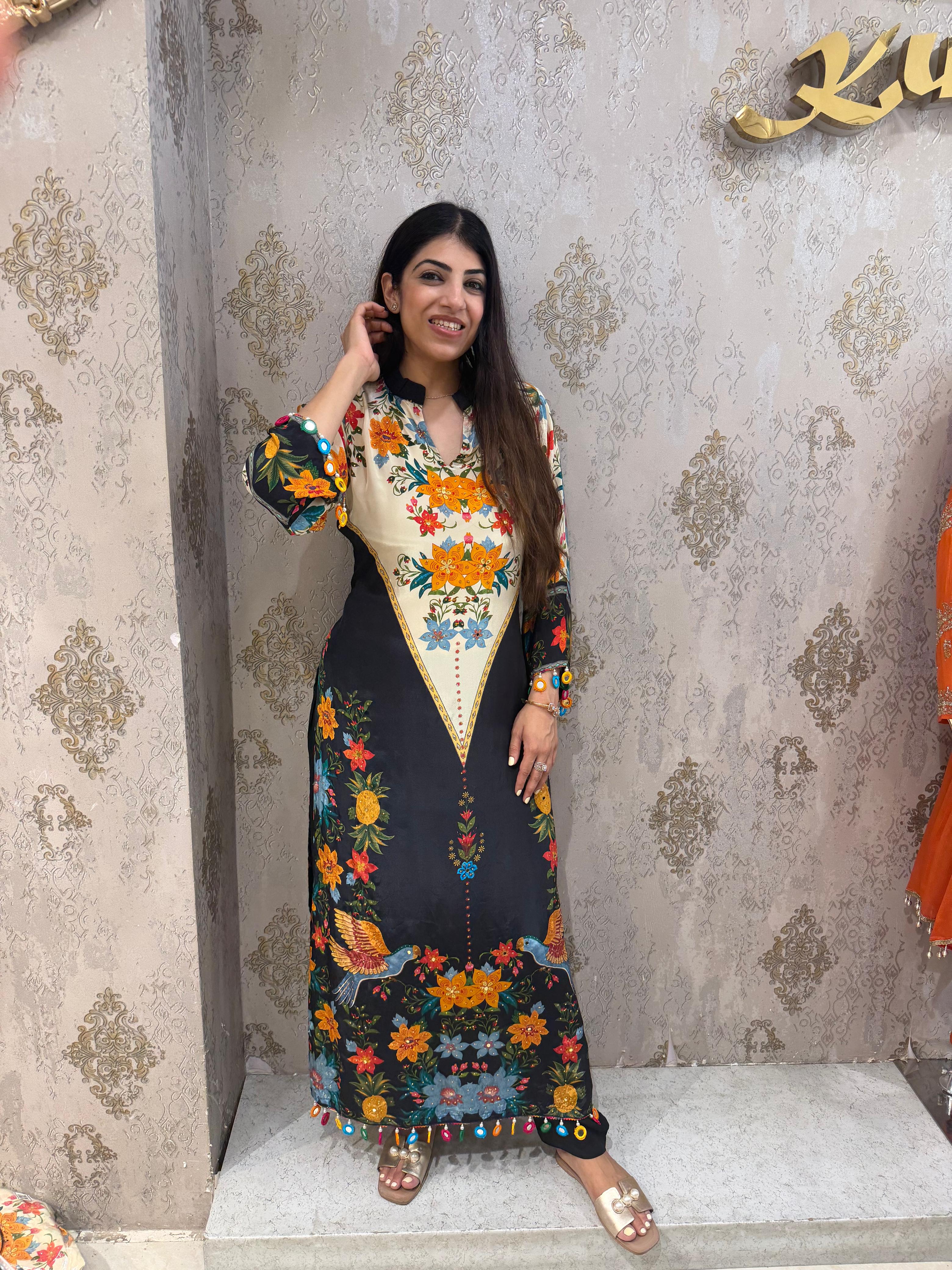 Pure digital crepe long phiran set with pants