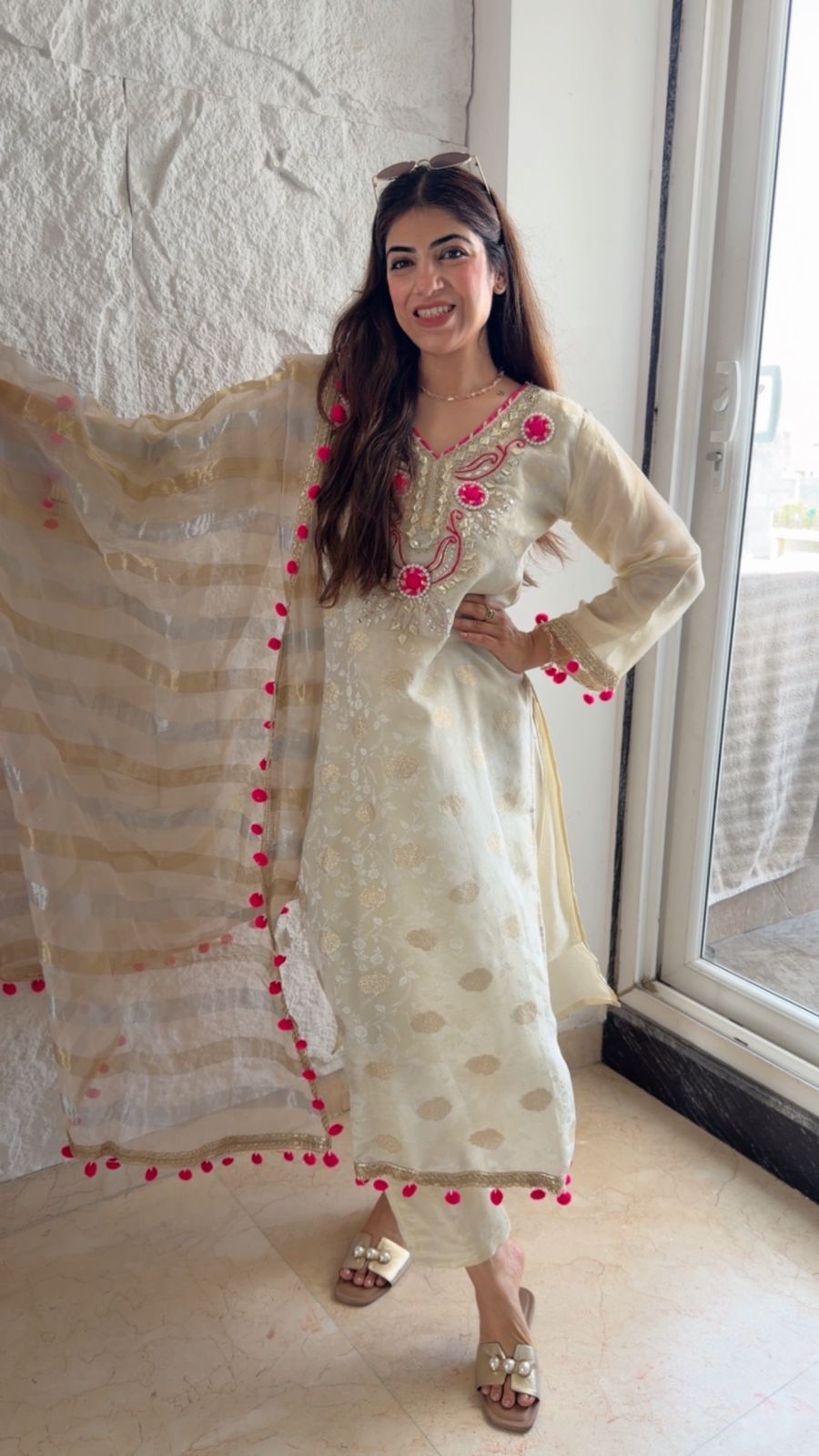 Shimmer tissue partywear  set with pom-pom lace dupatta