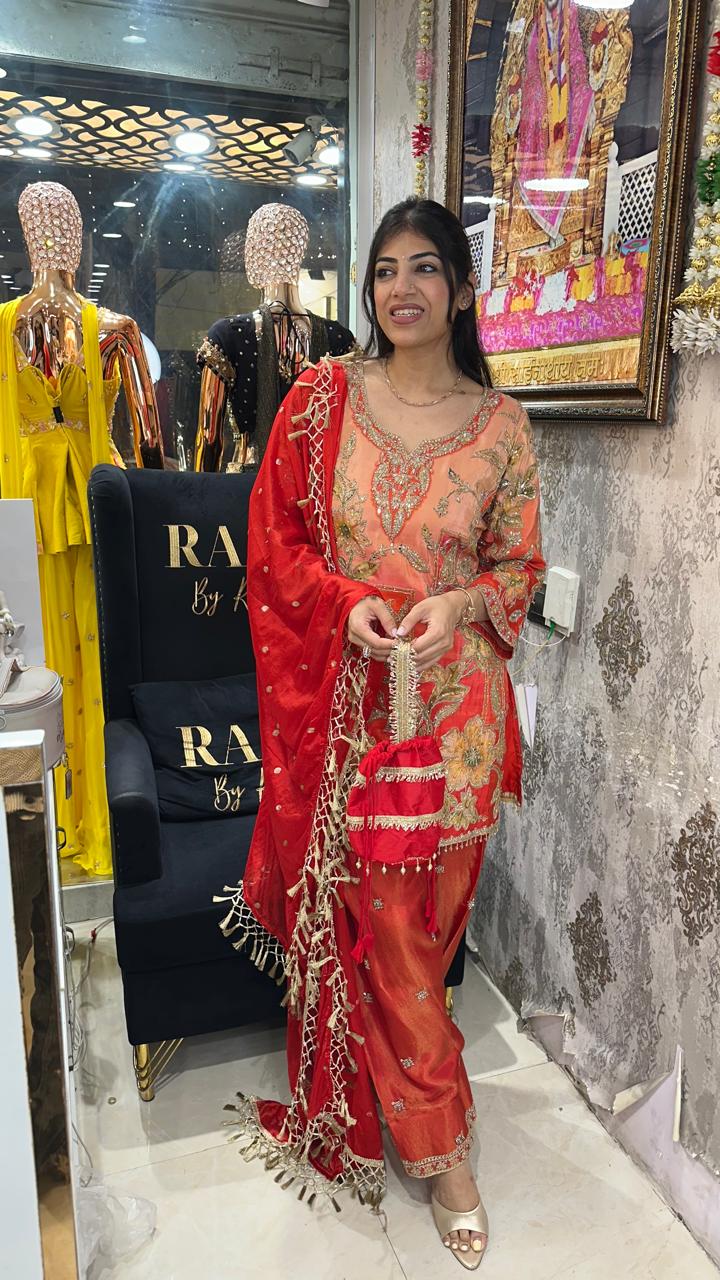 Pure Cosmo embroidery 3 pc ,suit with potli bag