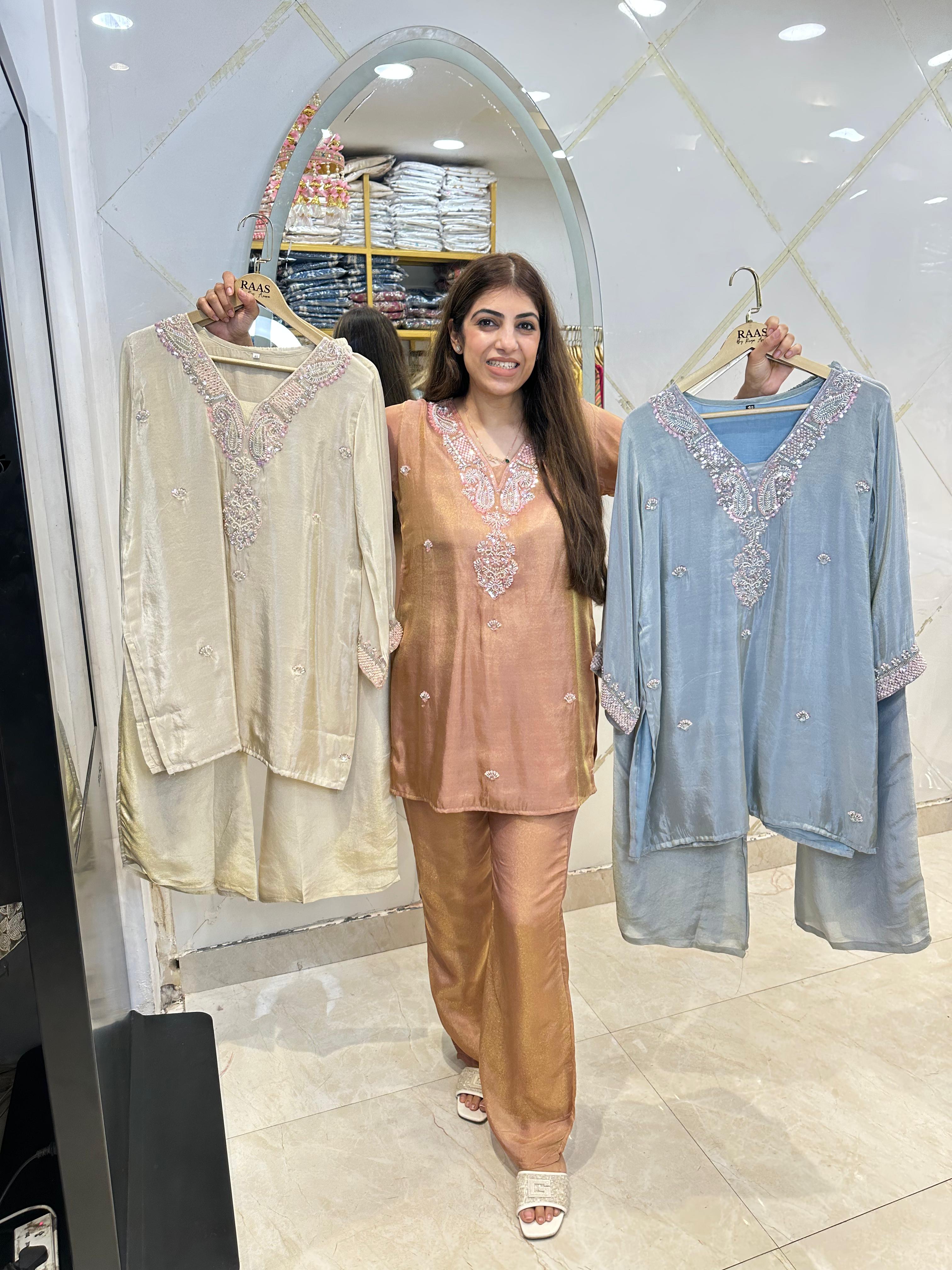 Pure shimmer tissue 2 pc, co-ord set in neck handwork with bell bottom