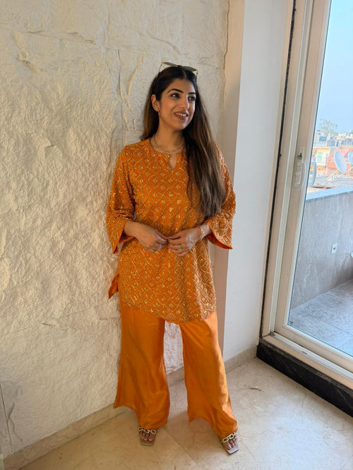 Pure shimmer tissue  2pc,co-ord , in shirt and sleeves all over handwork back plain with bell bottom