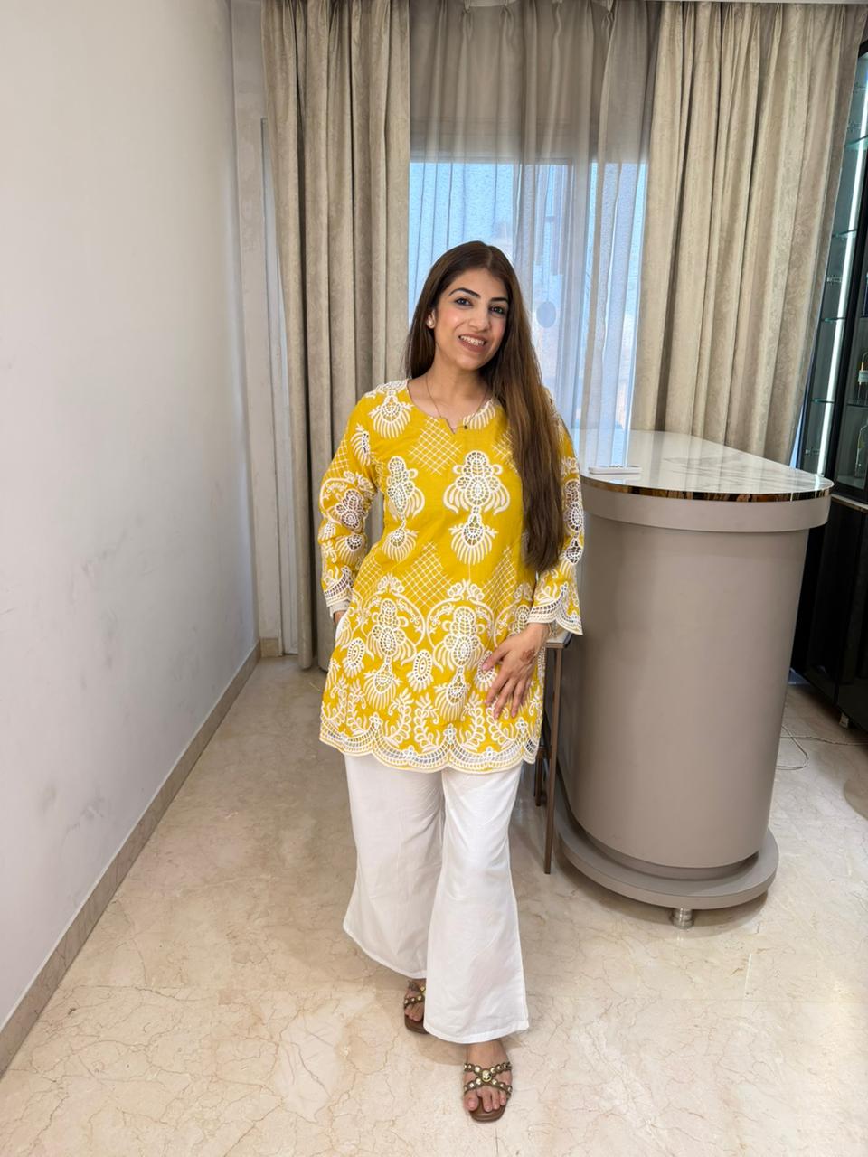 Pure mul cotton shifli designe front and back 2,pc co-rd with bell bottom