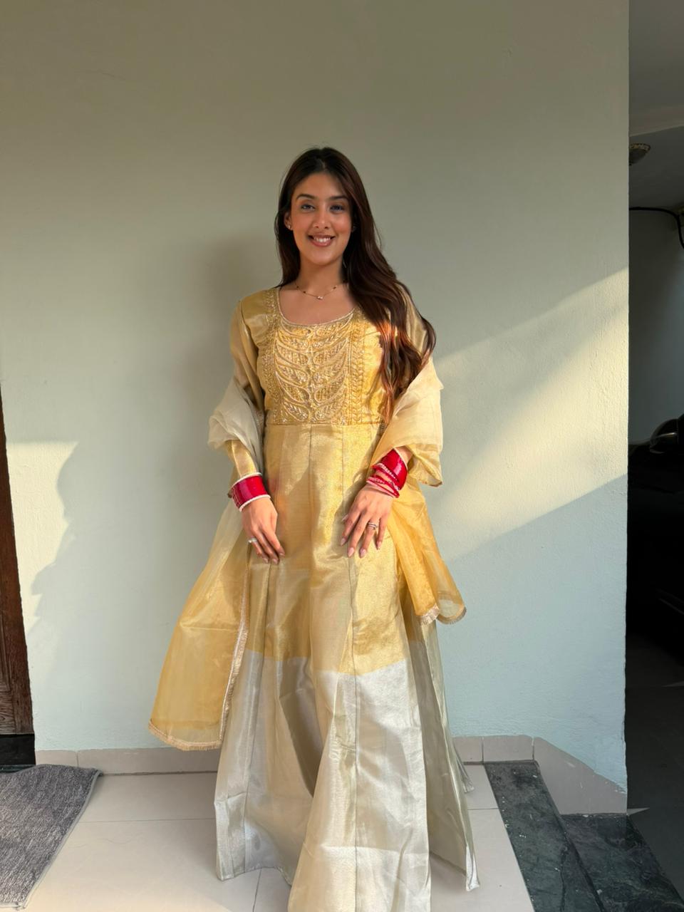 Pure chanderi silk long dress with organza duppata