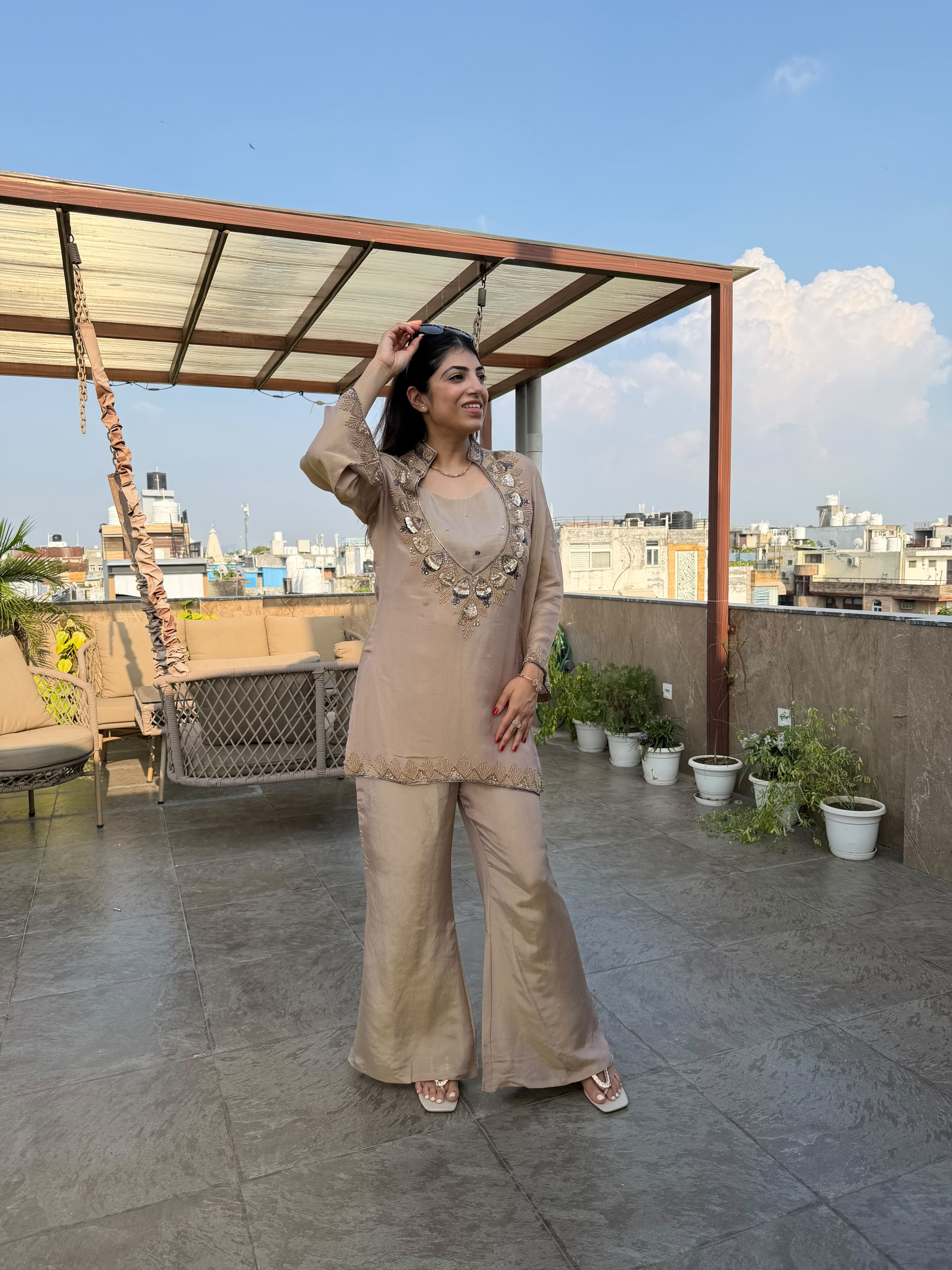Shimmer tissue 3 pc suit with handwork on neckline and sleeves