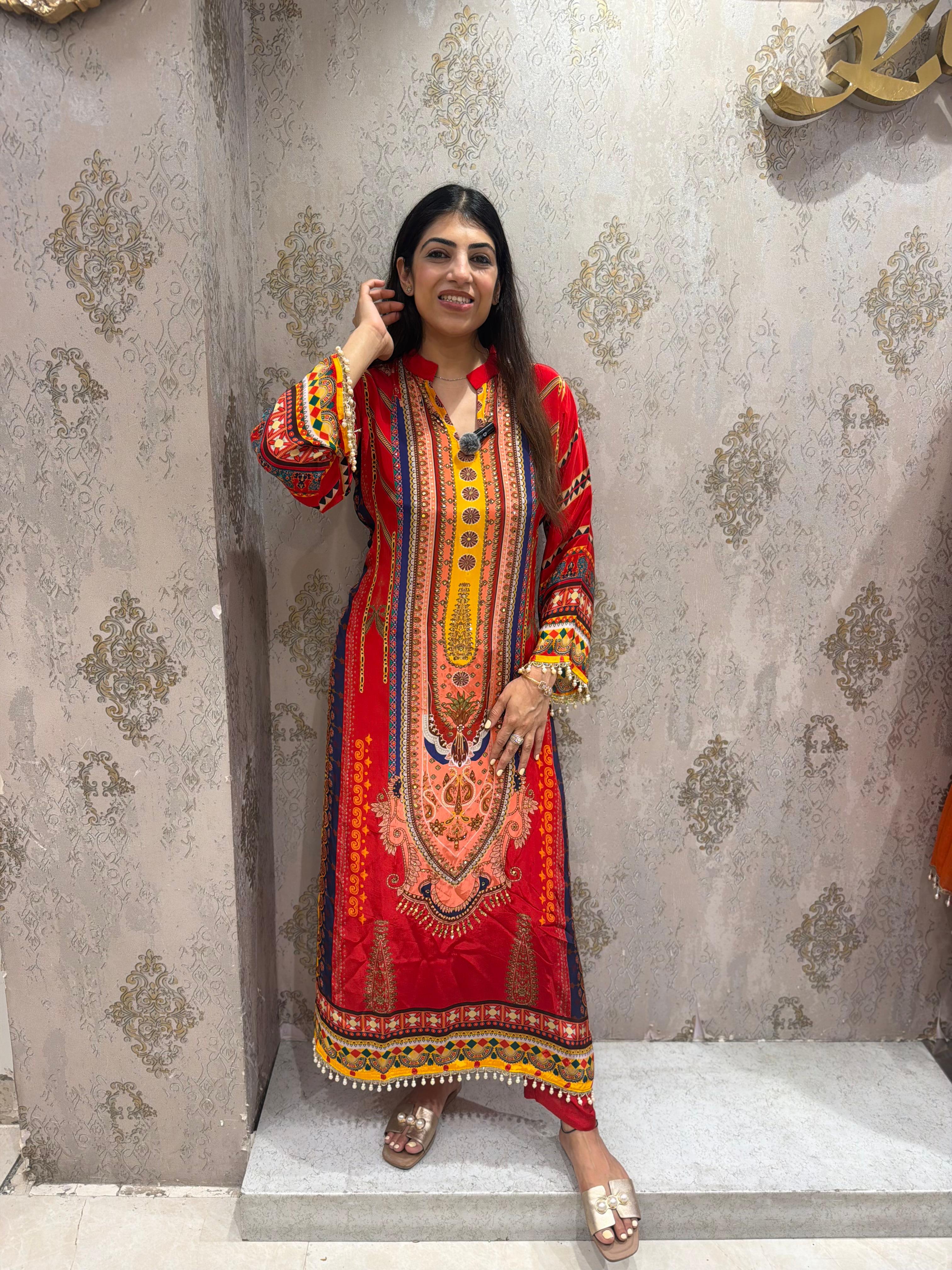 Pure digital crepe long phiran set with pants