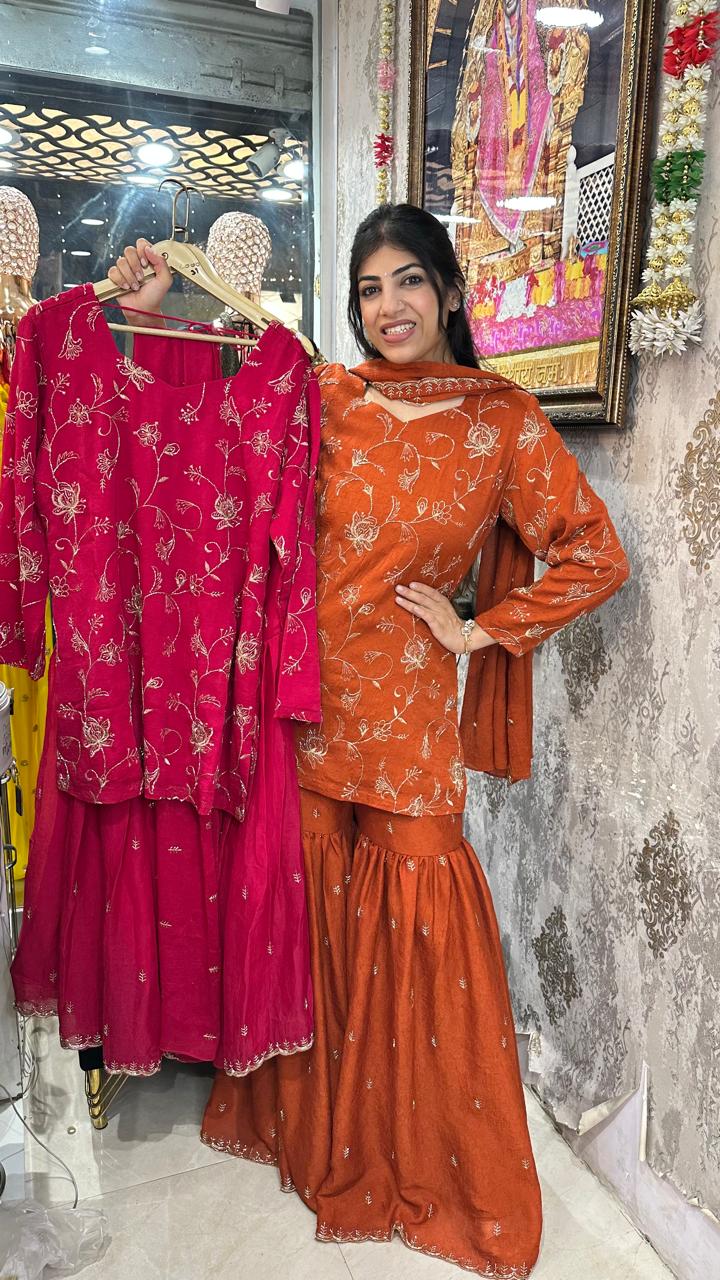 Imported tissue fabric- 3pc,garara set with handwork