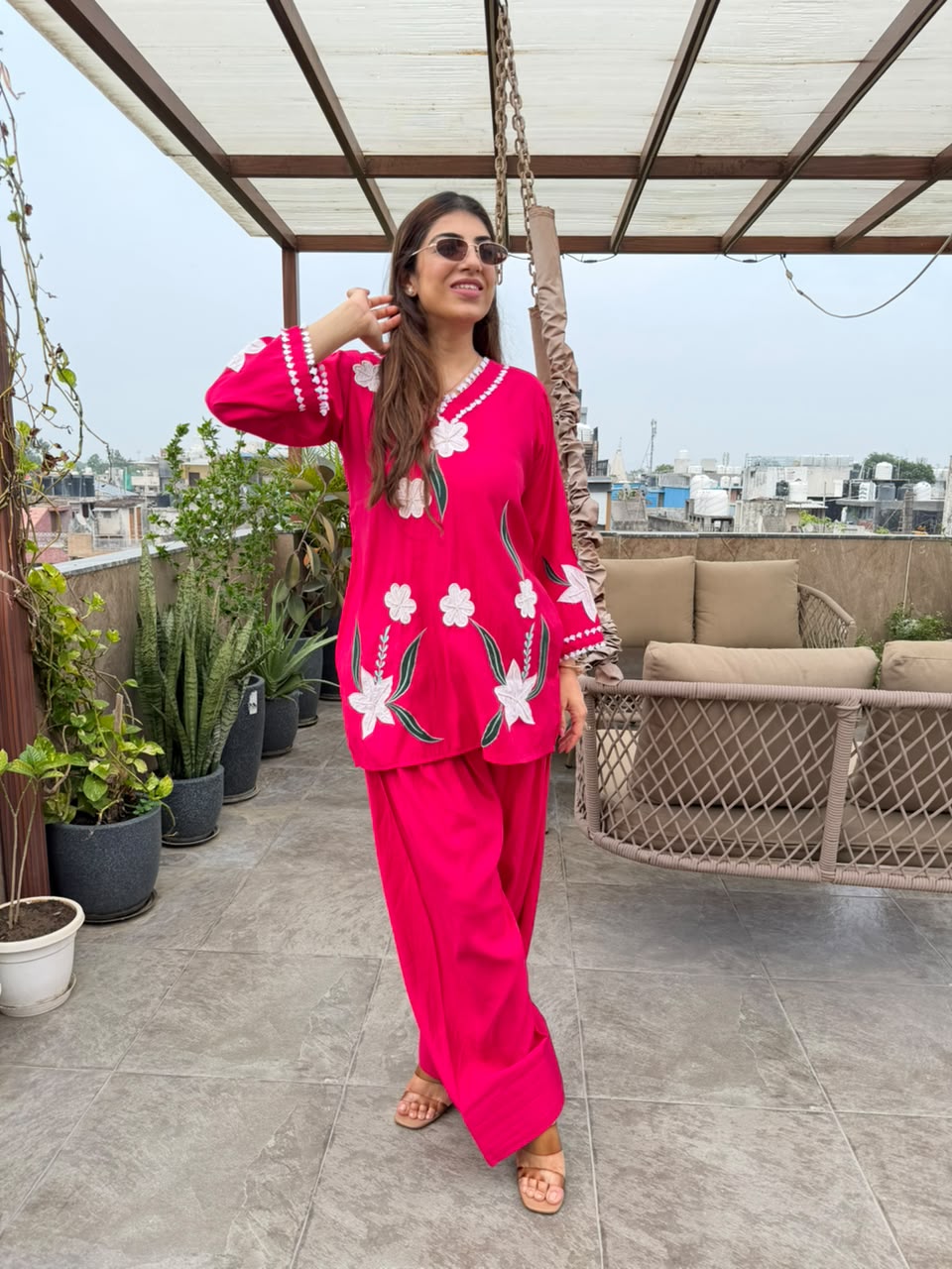 Cotton muslin co-ord set embroidery with farshi salwar