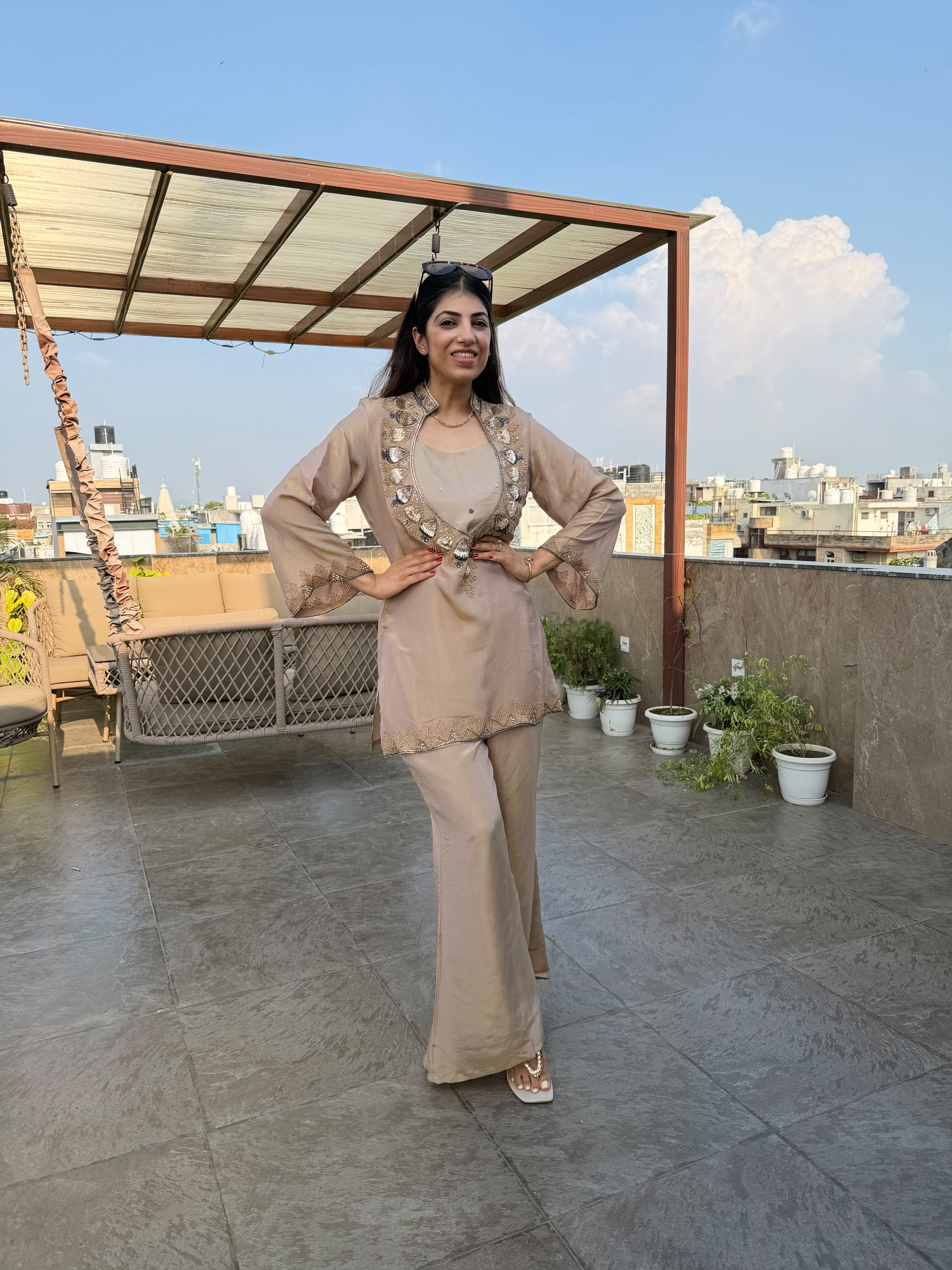 Shimmer tissue 3 pc suit with handwork on neckline and sleeves
