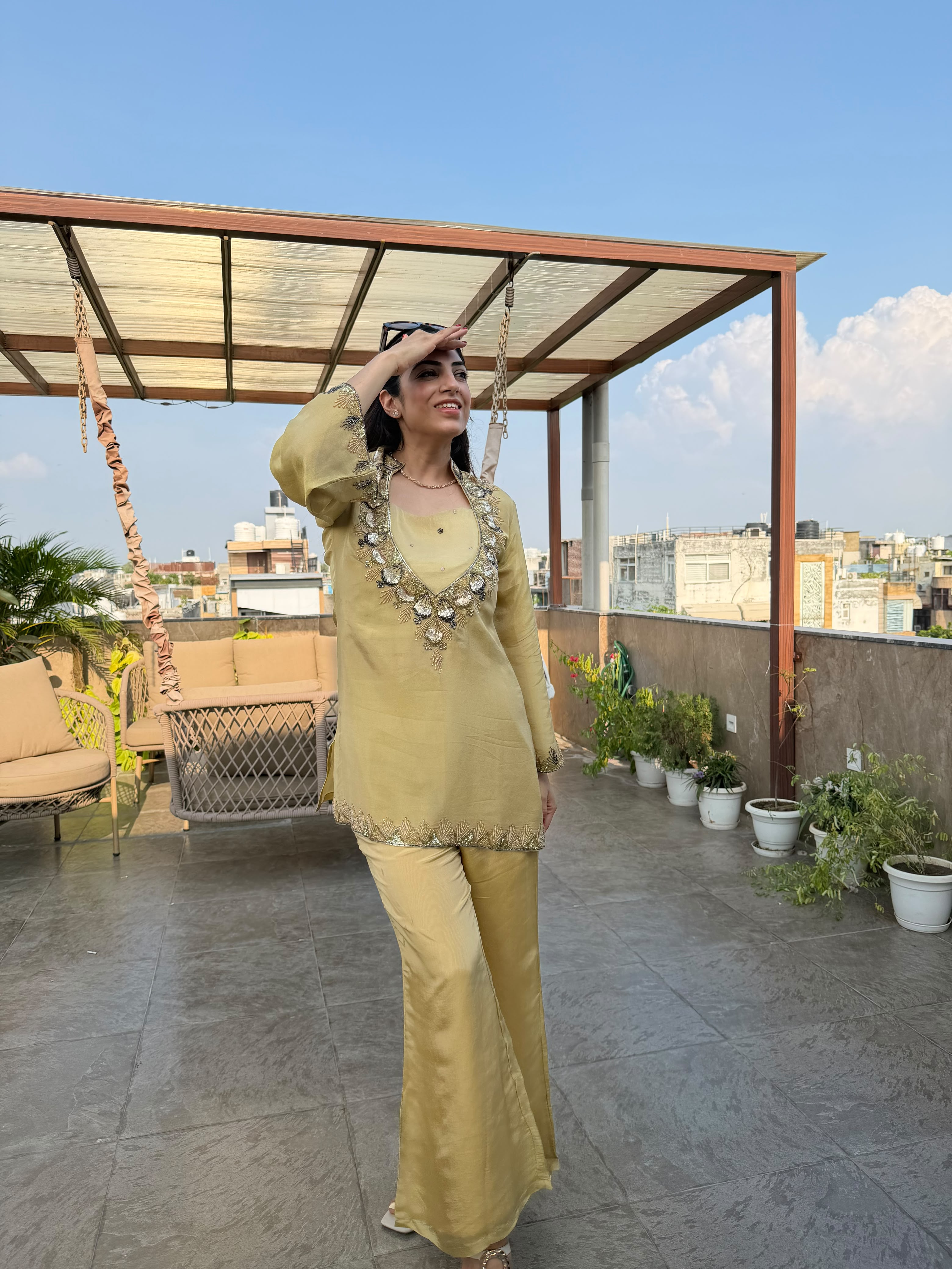 Shimmer tissue 3 pc suit with handwork on neckline and sleeves