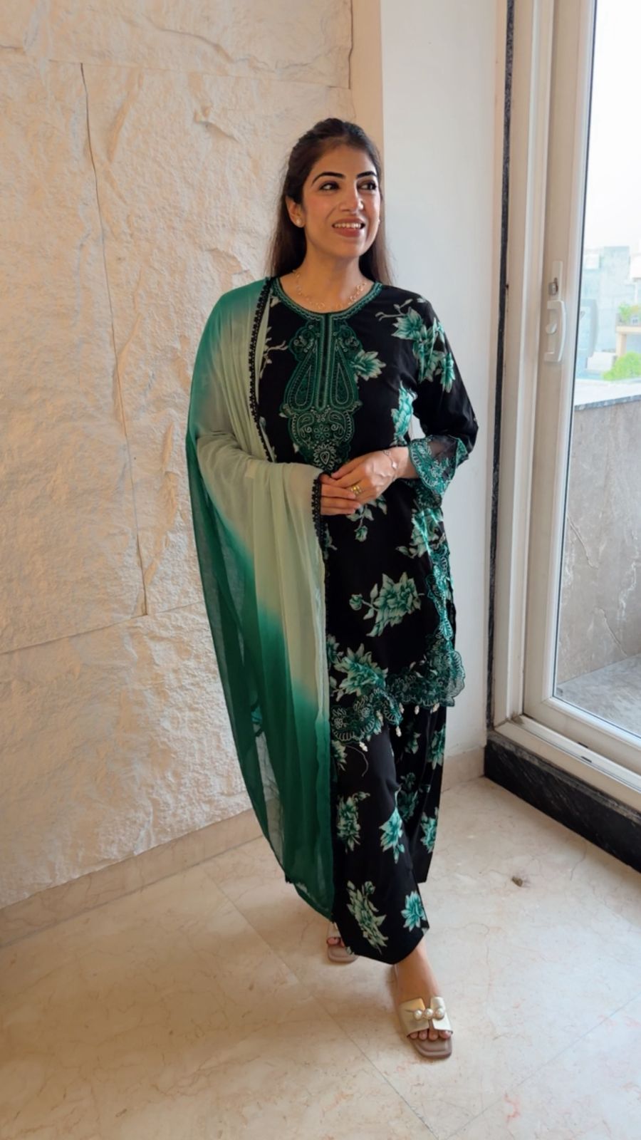 Digital rayon cotton 3 pc farshi set with ombré dupatta