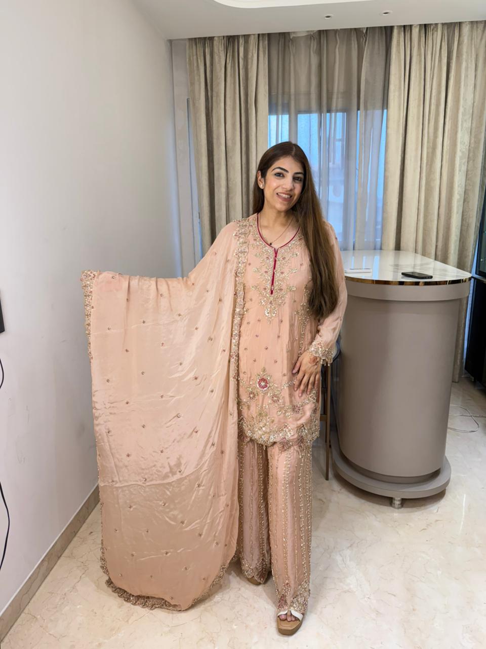 Pure Chinon  partywear 3pc set with all cutwork  heavy designe nd handwork front nd back in sarara