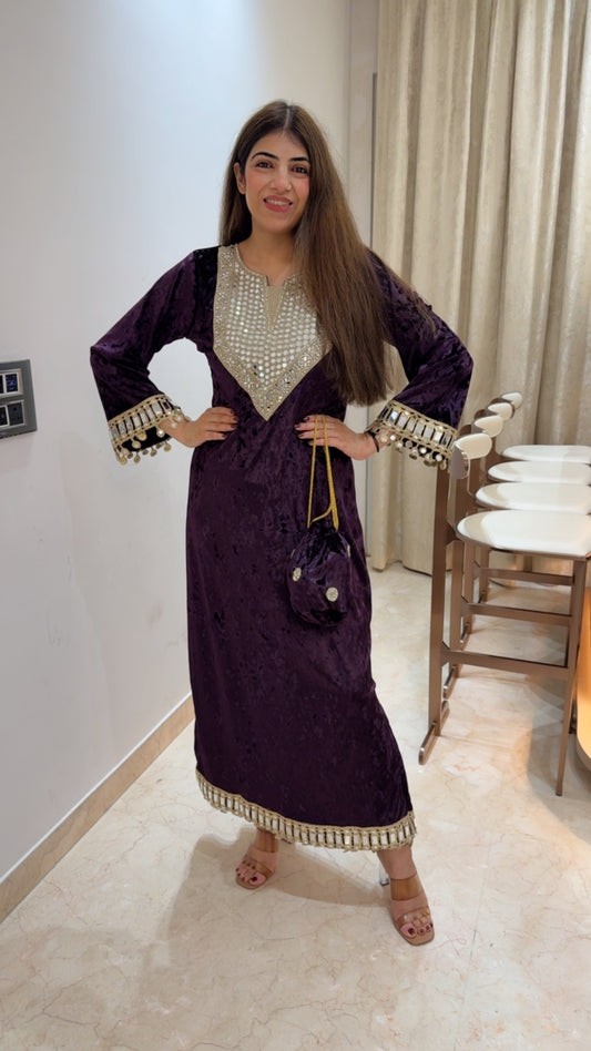 Valvet long dress-side slit cut design with potli bag