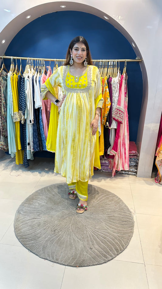 Shibori tie & dye print crepe suit with intricate thread embroidery