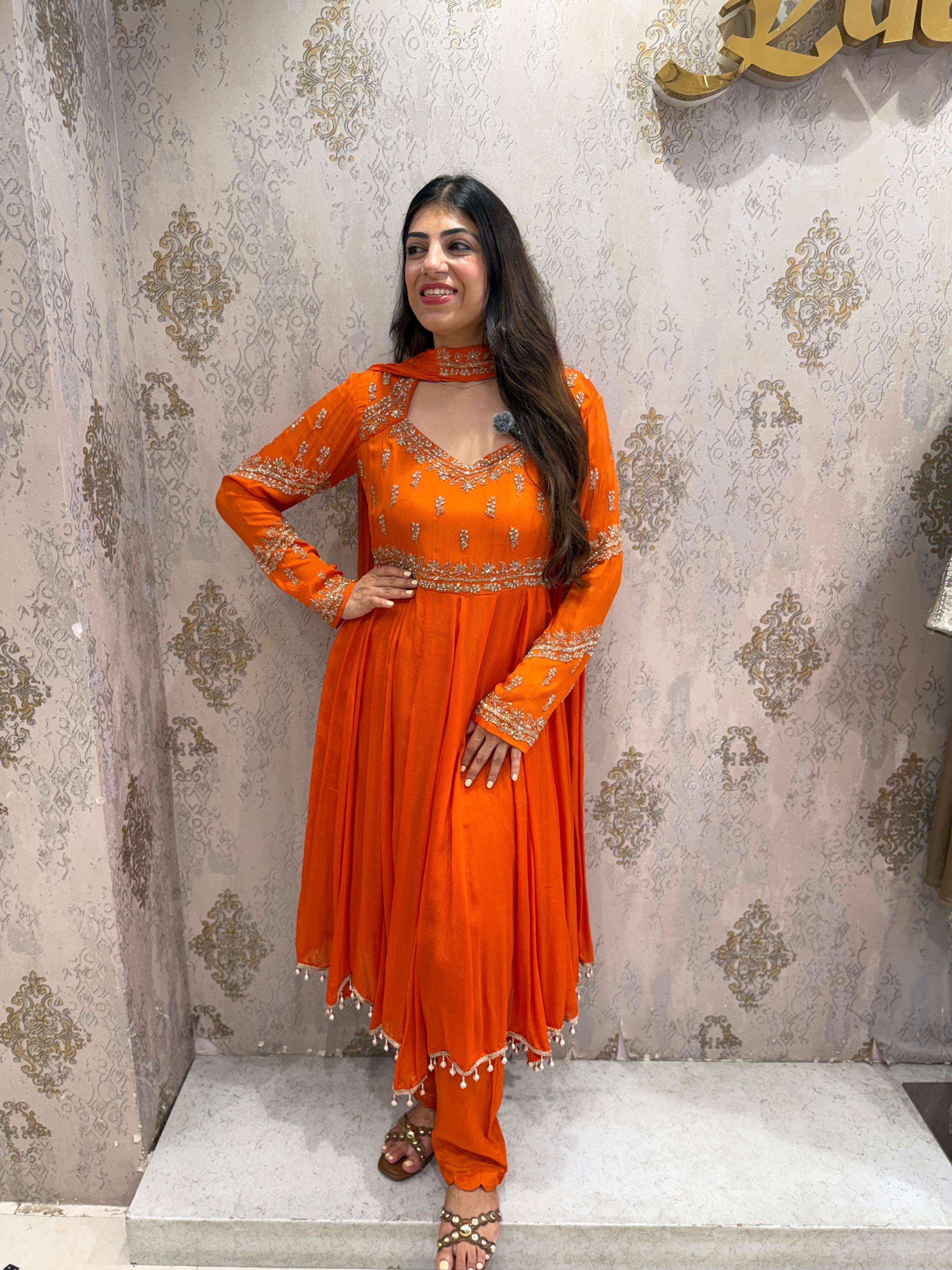Pure Chinon  long partywear 3,peice set with all handwork & choker neck dupatta