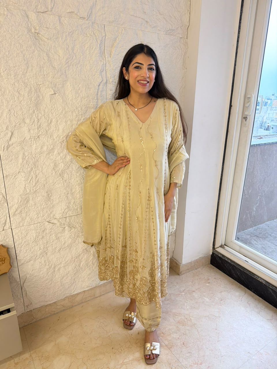 Shimmer tissue party-wear 3pc,set long anarkali infront of all over handwork
