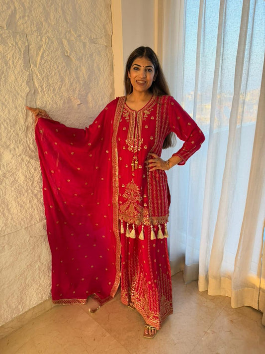 Pure Chinon 3 pc, partywear suit with handwork nd machin embroidery