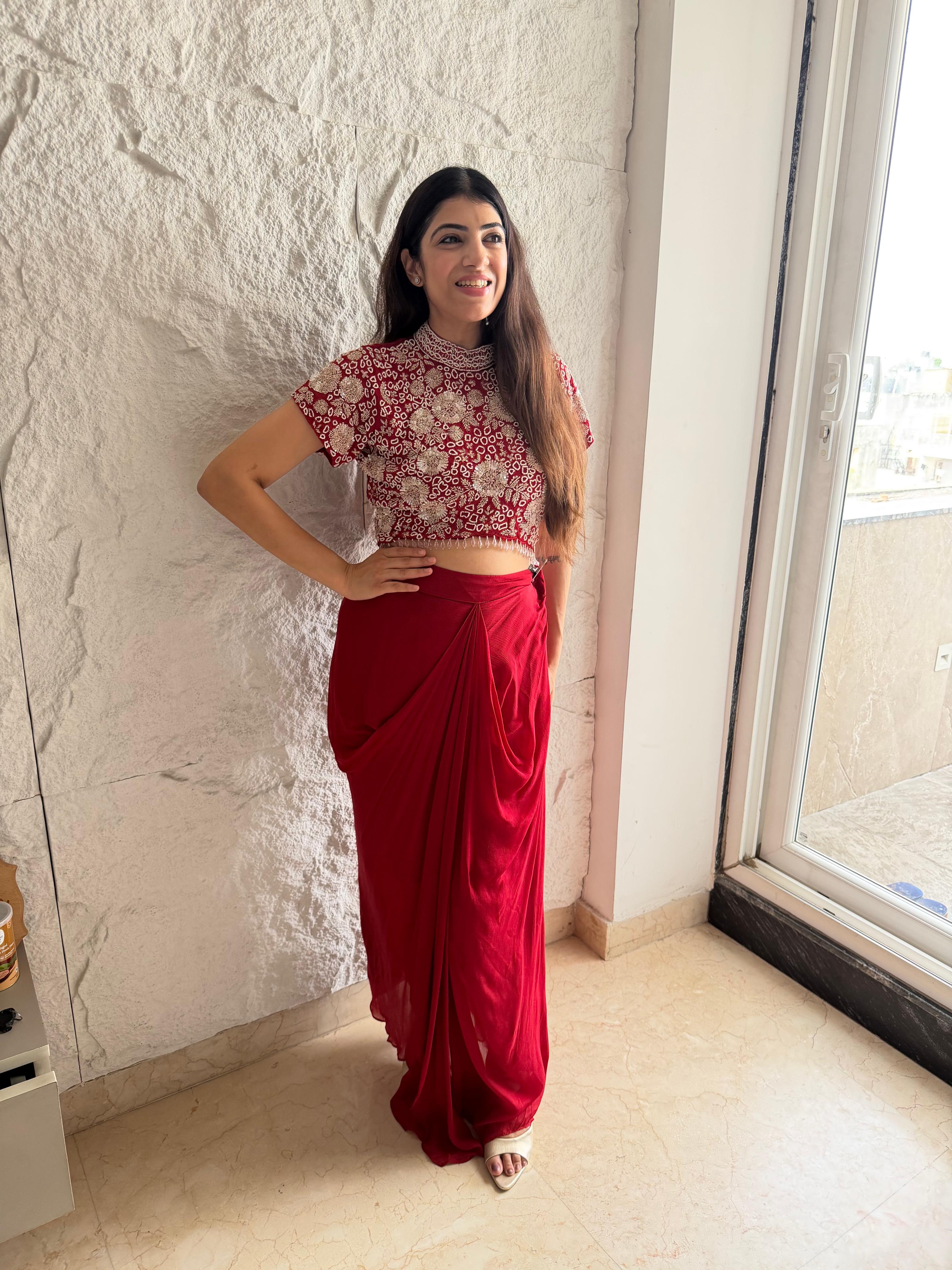 Pure Chinon  Two-peice drape skirt & crop Top with all handwork