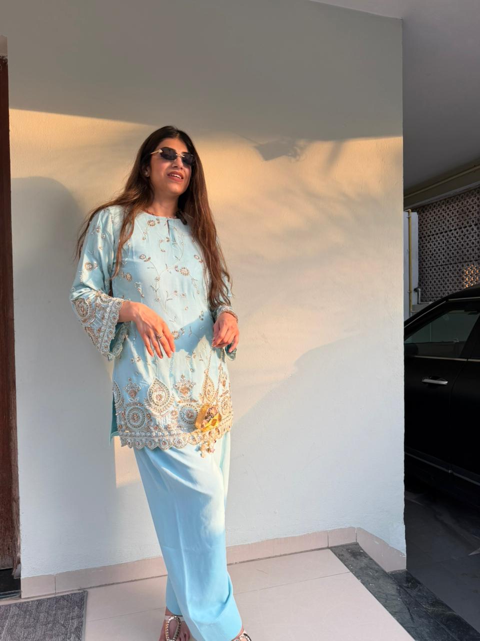 Pure Chinon farshi salwar 2pc set with all handwork