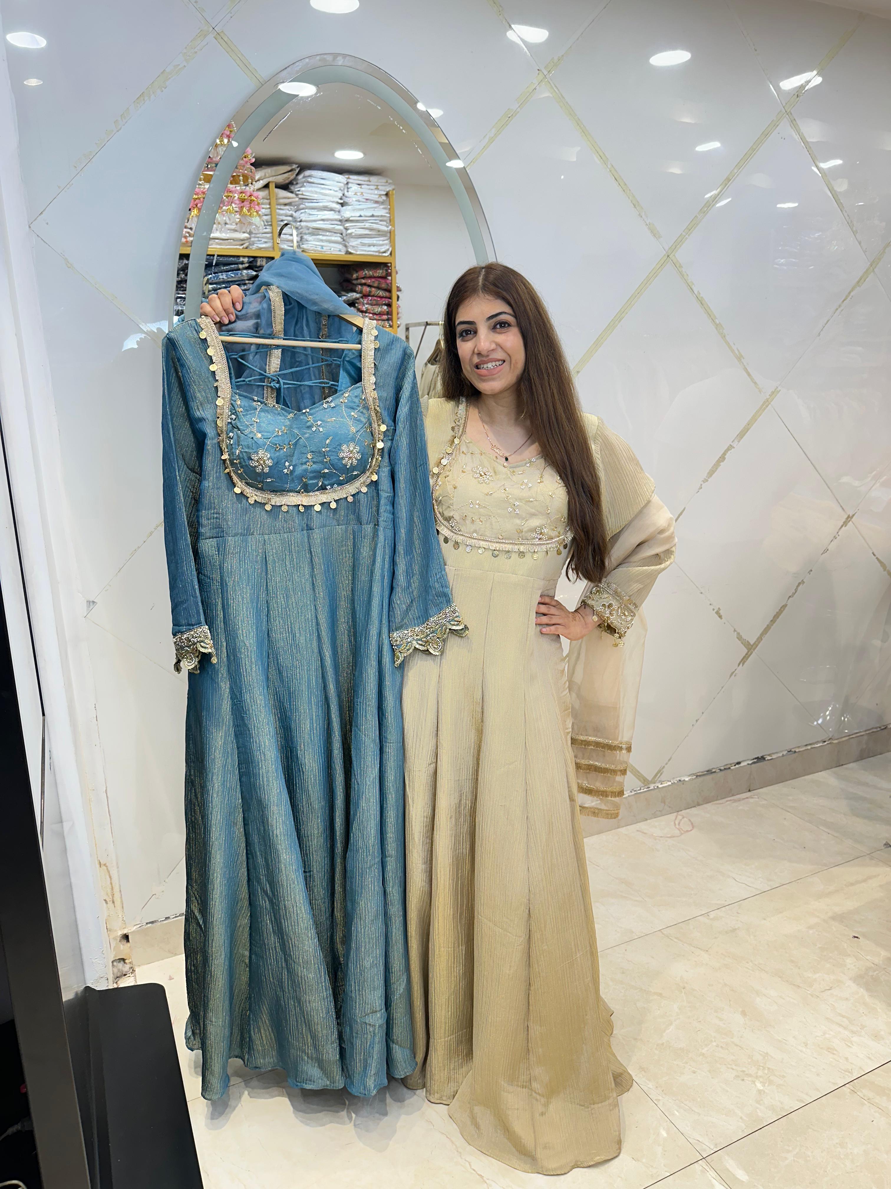 Shimmer crushed long anarkali with handwork and organza duppata