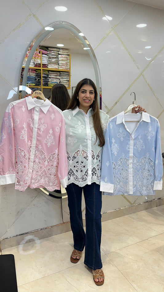 Cotton schiffli  shirt with cutwork design