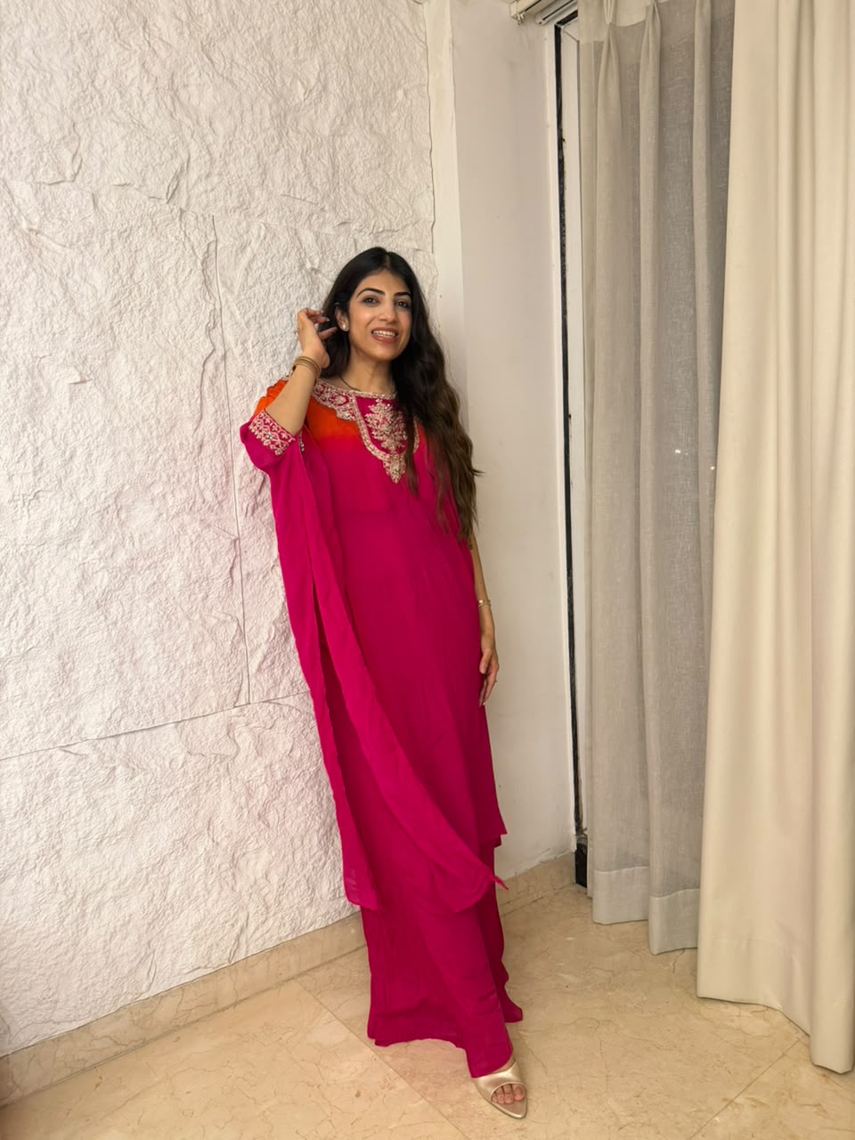 Pure Chinon ombre Kaftan set with front back handwork & bell bottom plazo