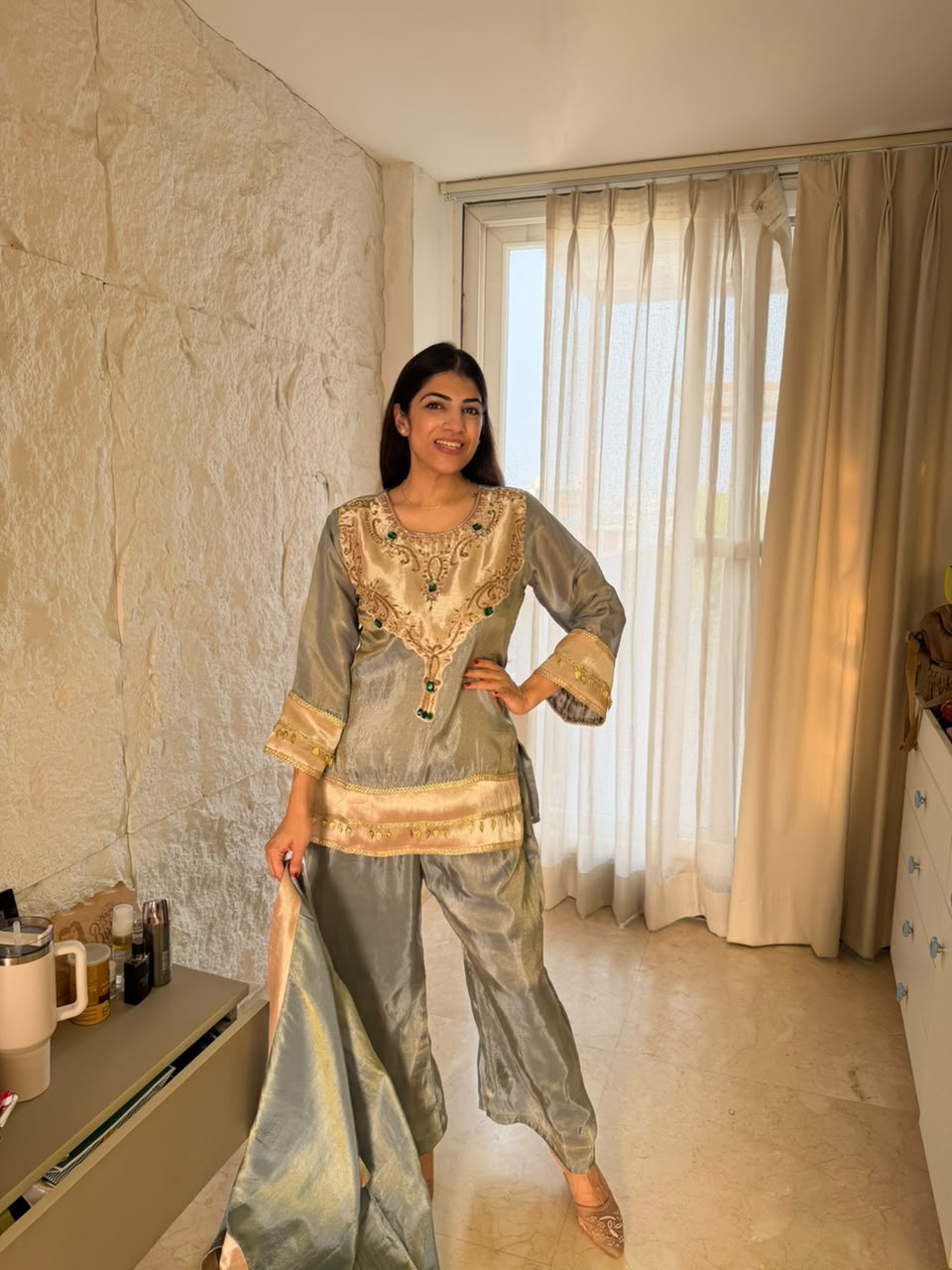 Cosmo fabric 3,pc set handwork with bell bottom & dupatta