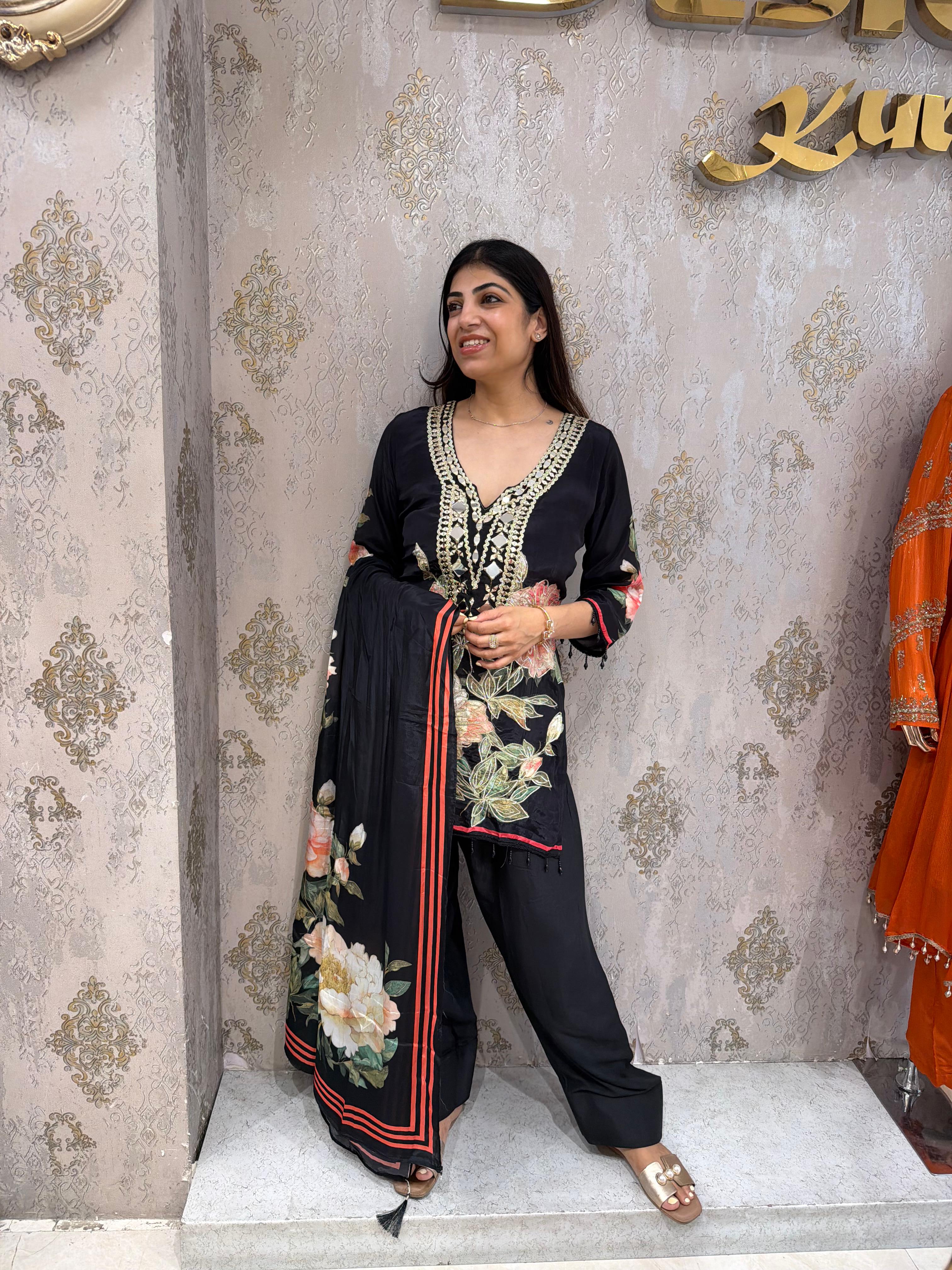 Crepe embroidery & mirror work 3,peice farshi salwar set