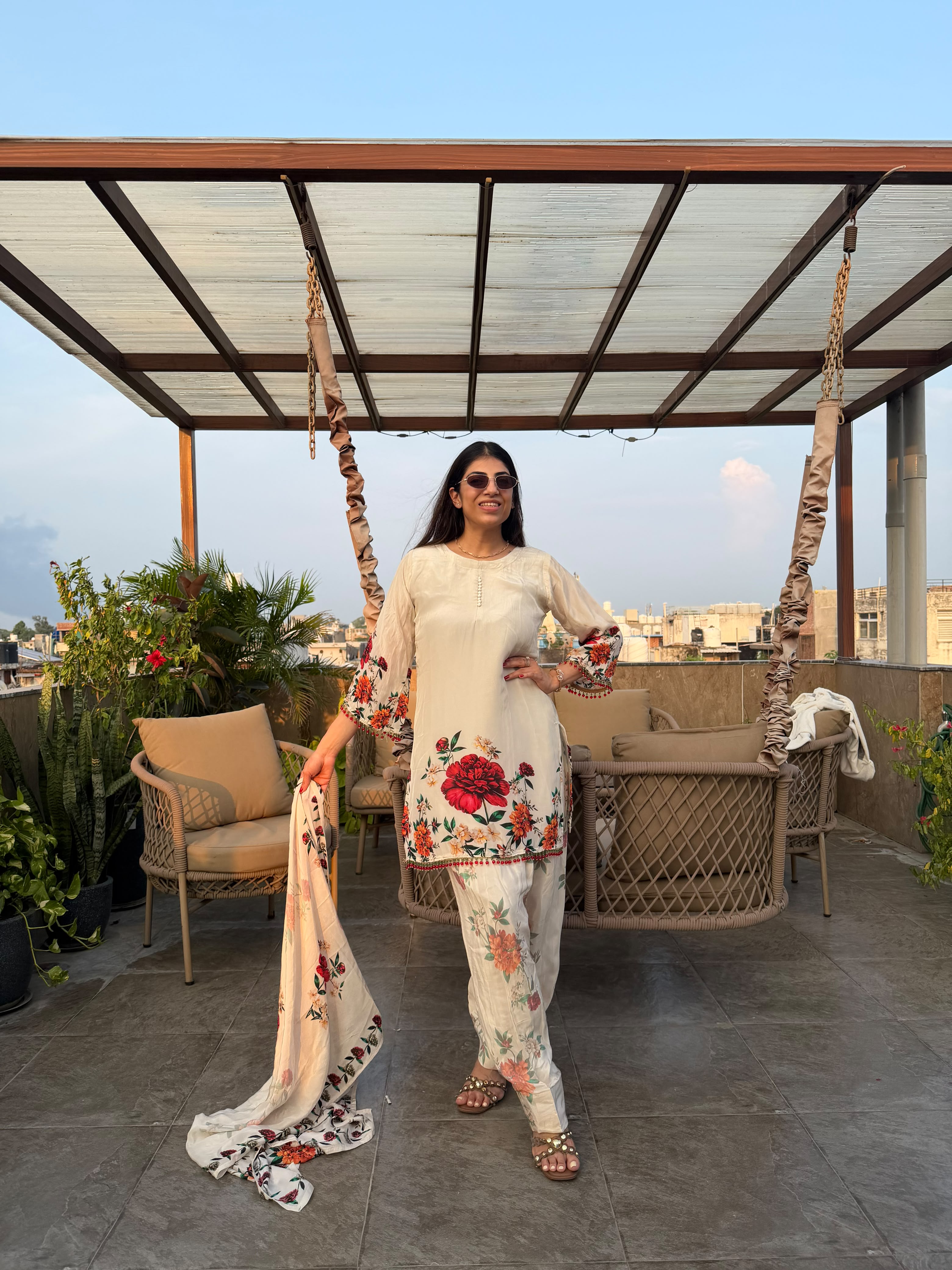 Natural crepe floral print Farshi set with dupatta