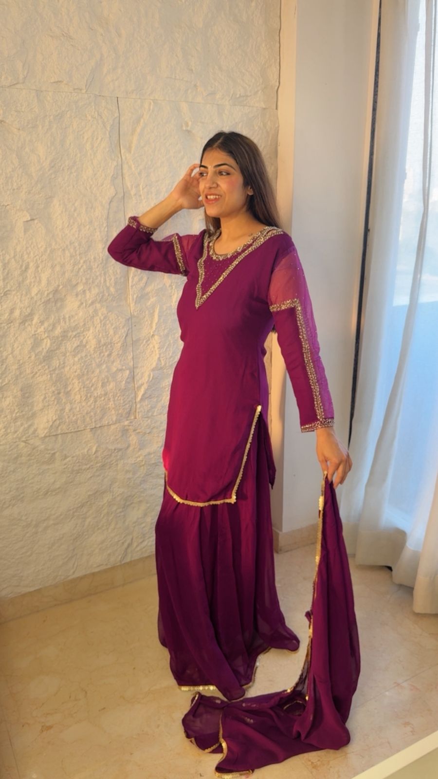 Pure viscose georgette, 3pc partywear suit- with neck line all over sleeves handwork