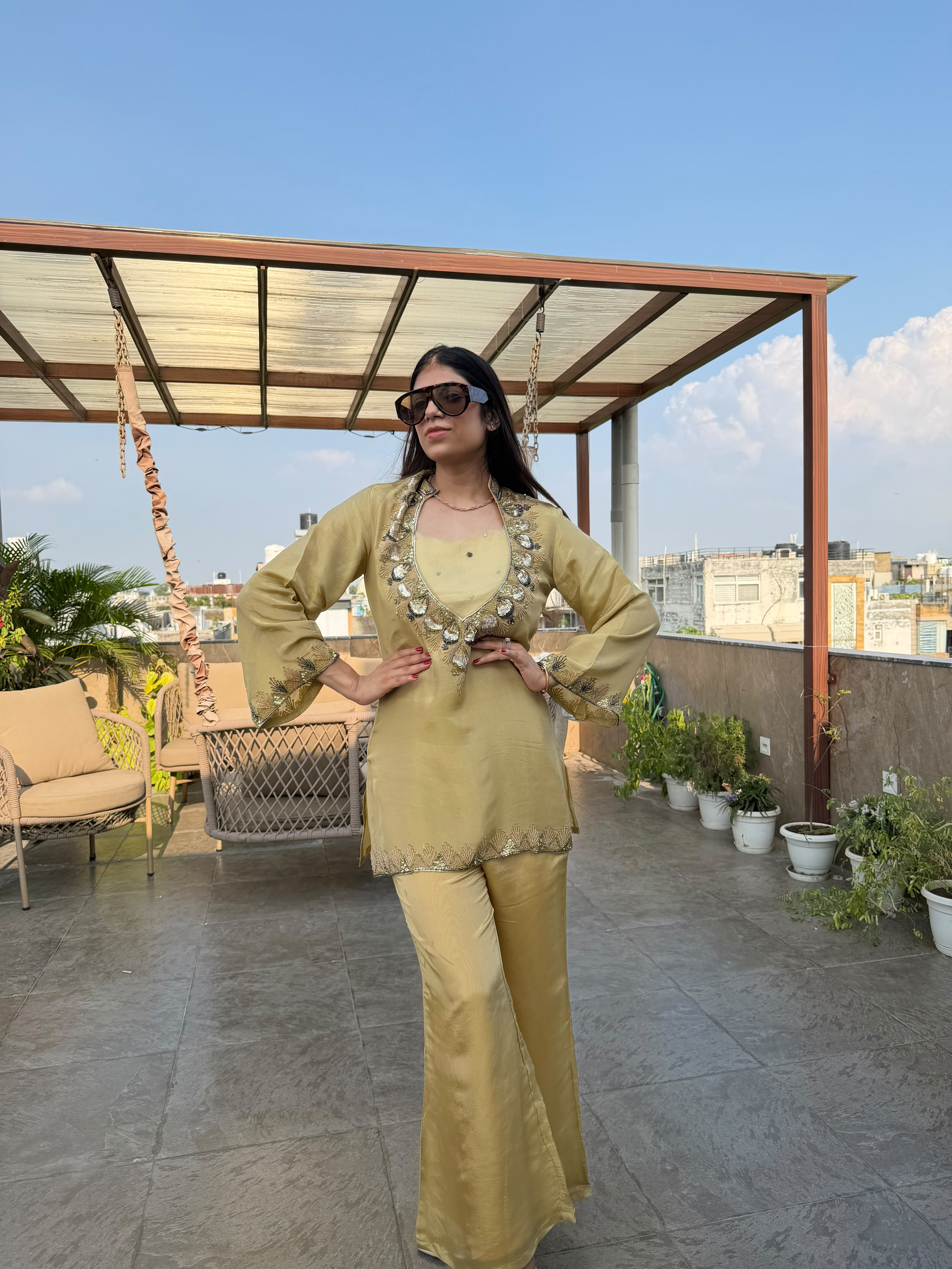 Shimmer tissue 3 pc suit with handwork on neckline and sleeves