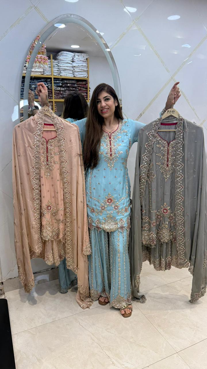 Pure Chinon  partywear 3pc set with all cutwork  heavy designe nd handwork front nd back in sarara