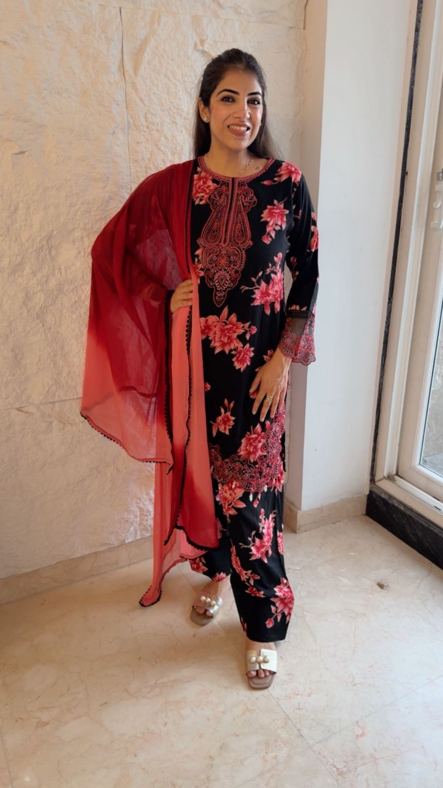 Digital rayon cotton 3 pc farshi set with ombré dupatta