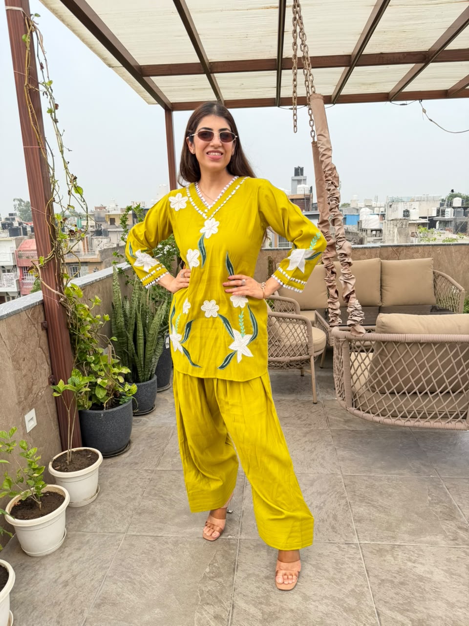 Cotton muslin co-ord set embroidery with farshi salwar
