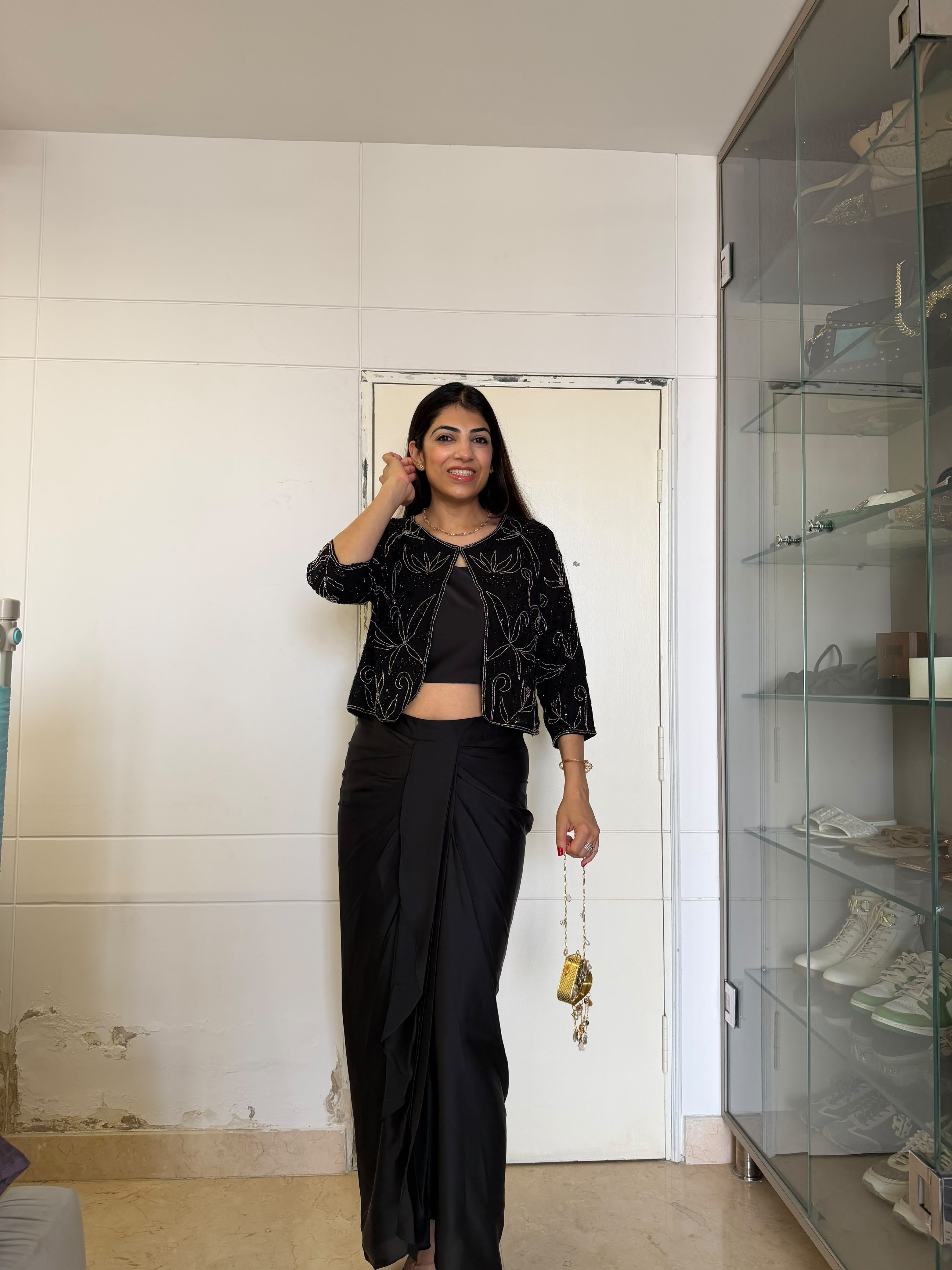 Crepe indo western drape skirt With complete handwork jacket