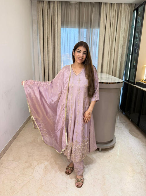 Pure shimmer tissue 3pc,  anarkali set with paint duppata all over handwork