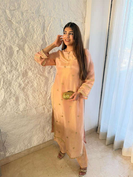 Pure shimmer tissue handwork design,  long side slit-cut with separate-inner with bell bottom