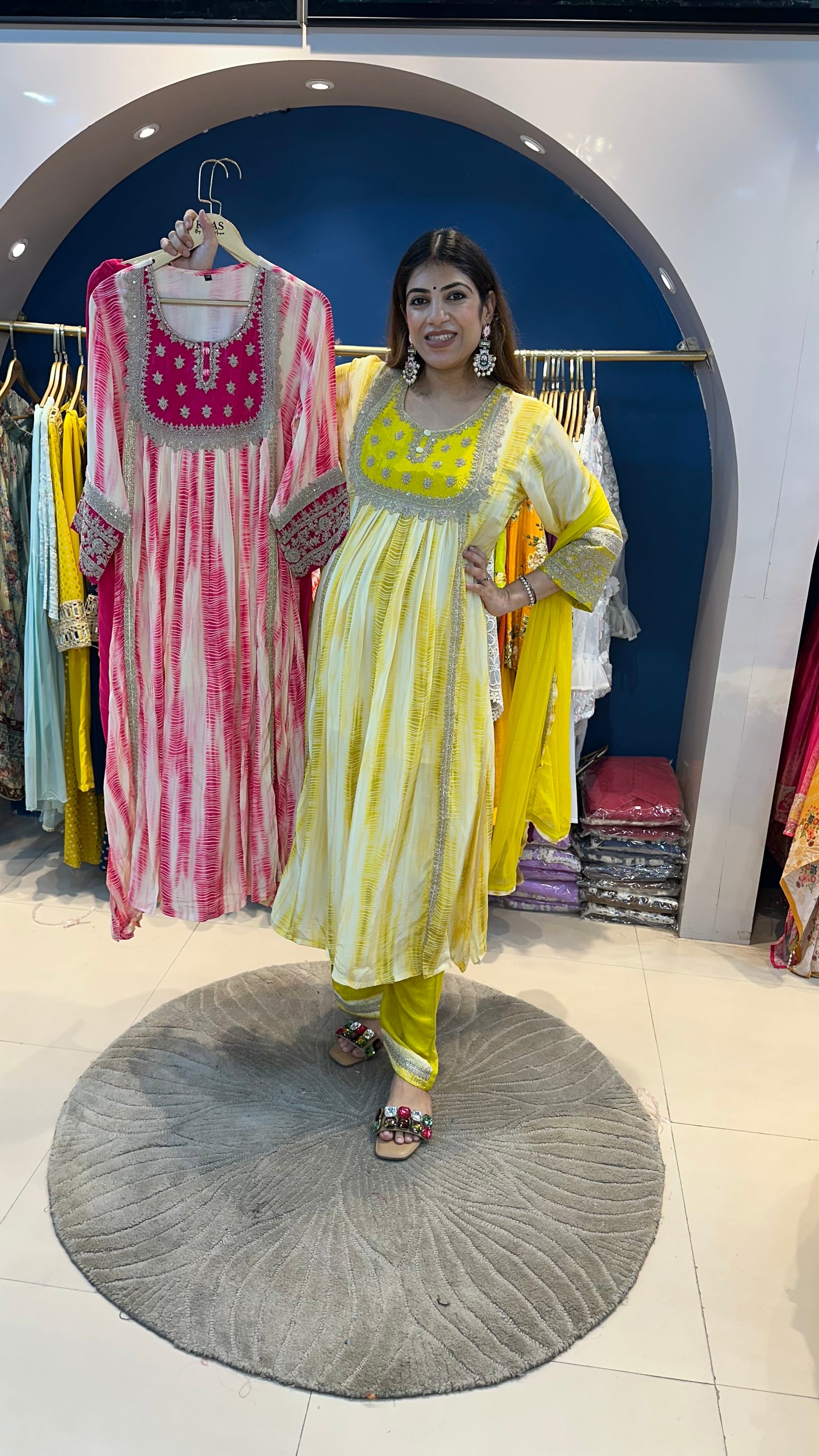 Shibori tie & dye print crepe suit with intricate thread embroidery
