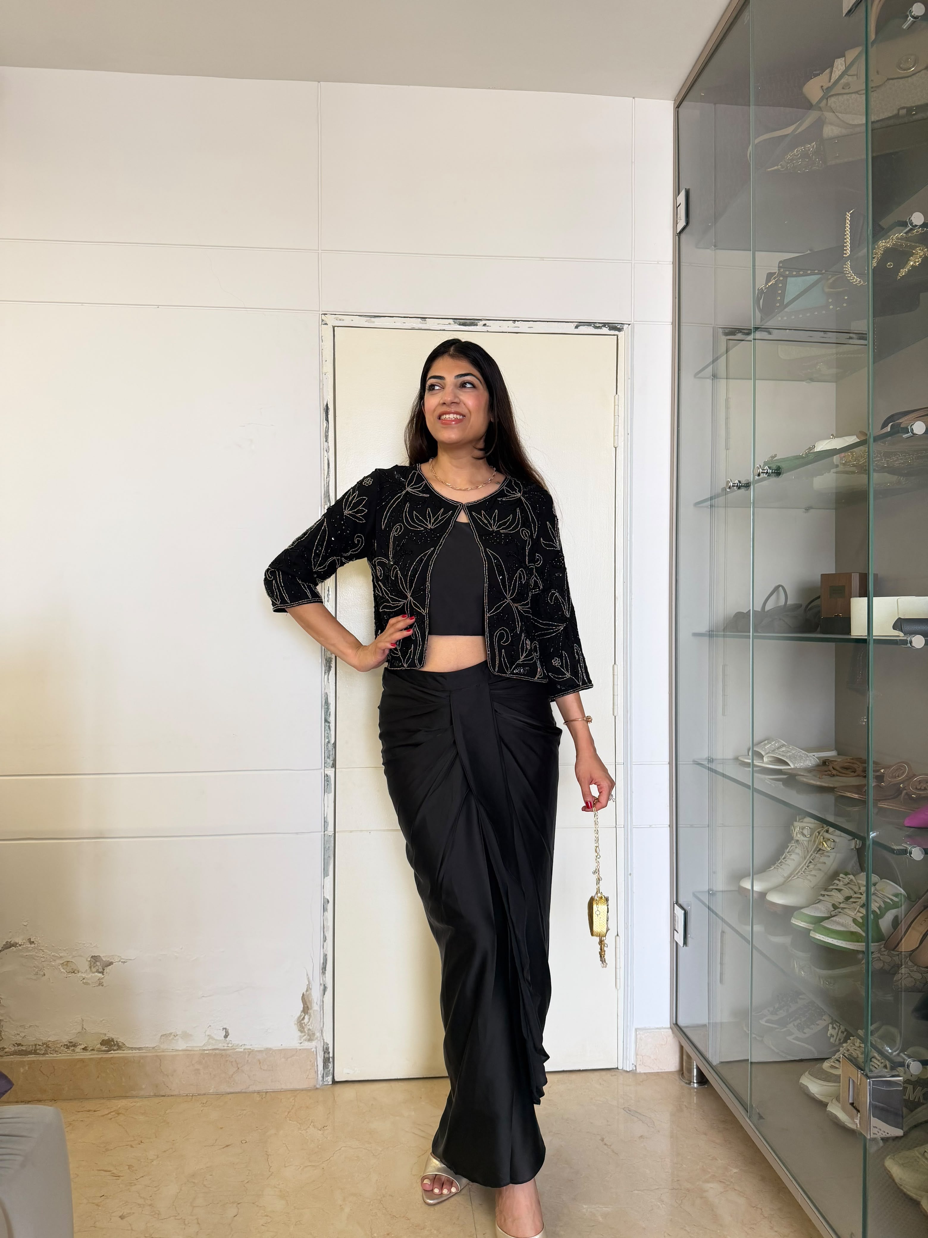 Crepe indo western drape skirt With complete handwork jacket