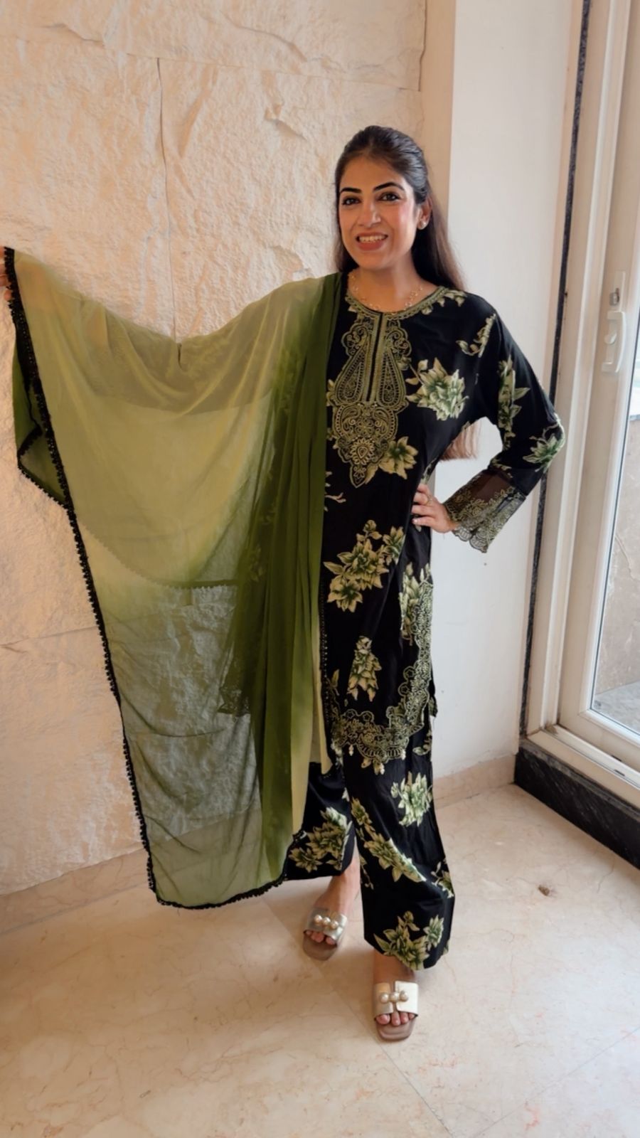 Digital rayon cotton 3 pc farshi set with ombré dupatta