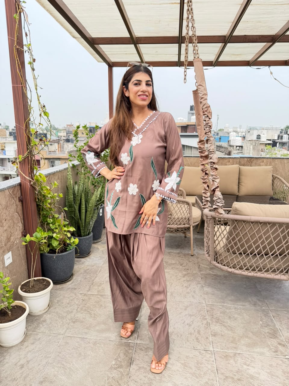 Cotton muslin co-ord set embroidery with farshi salwar