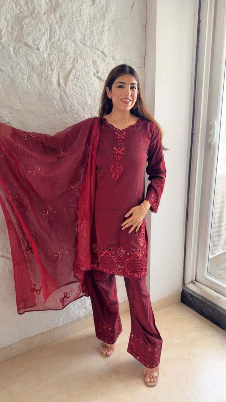 Imported cotton partywear -Pakistani suit with cutwork embroidery & duppata