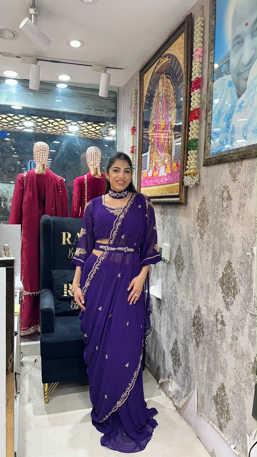 Georgette fabric- drape saree with belt &  choker neck