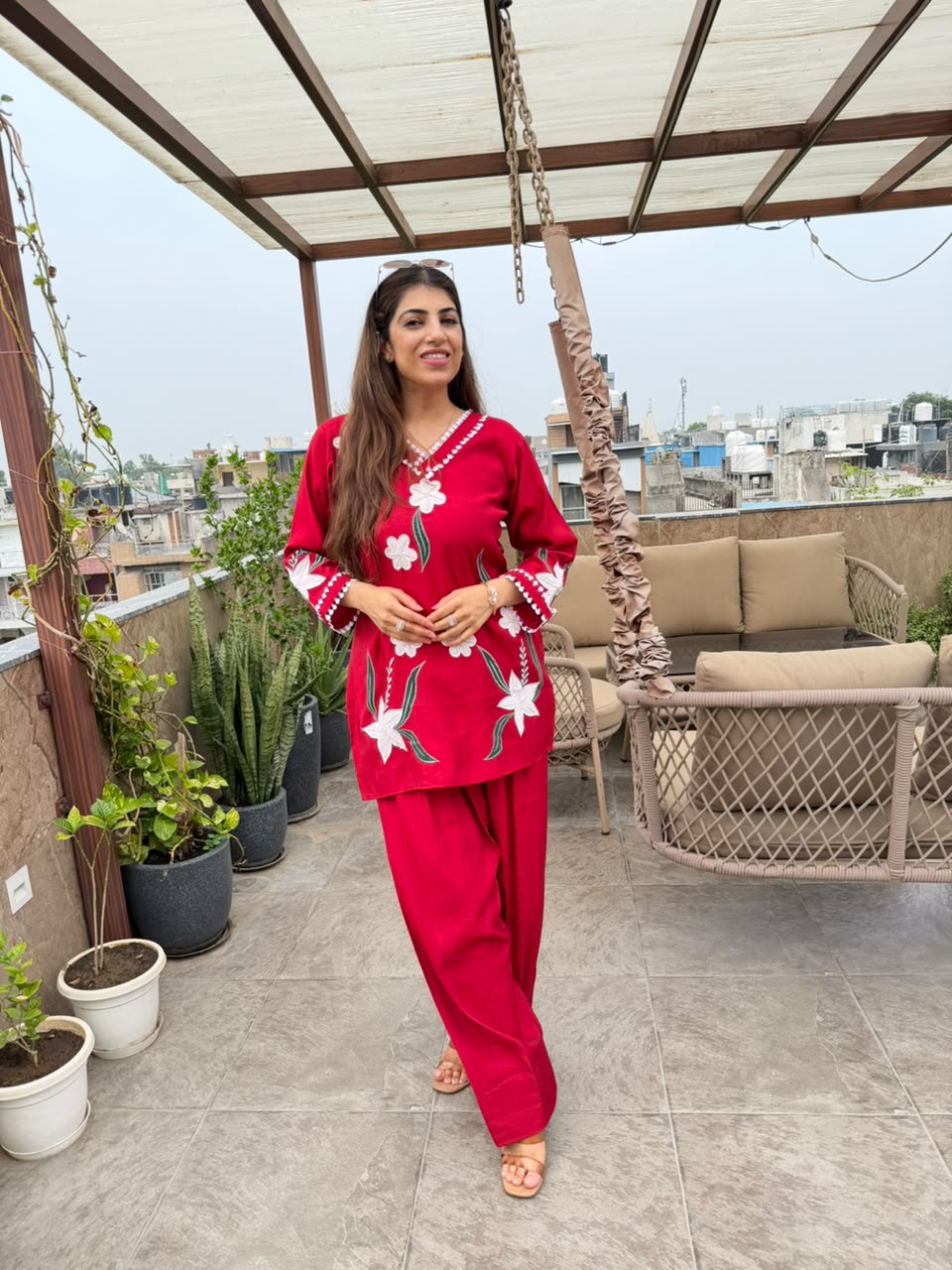 Cotton muslin co-ord set embroidery with farshi salwar